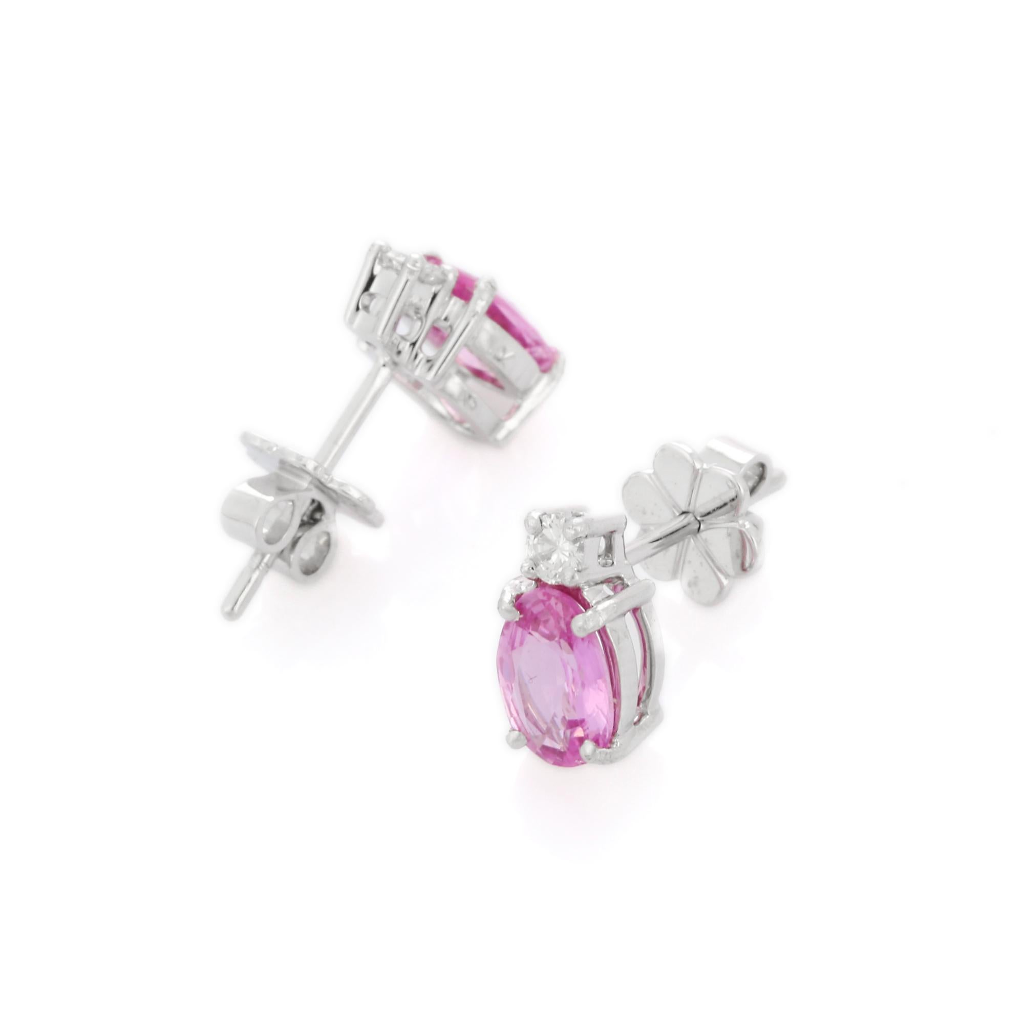 Art Deco 1.48 Carat Prong Set Pink Sapphire Diamond Stud Earrings in 18K Solid White Gold For Sale