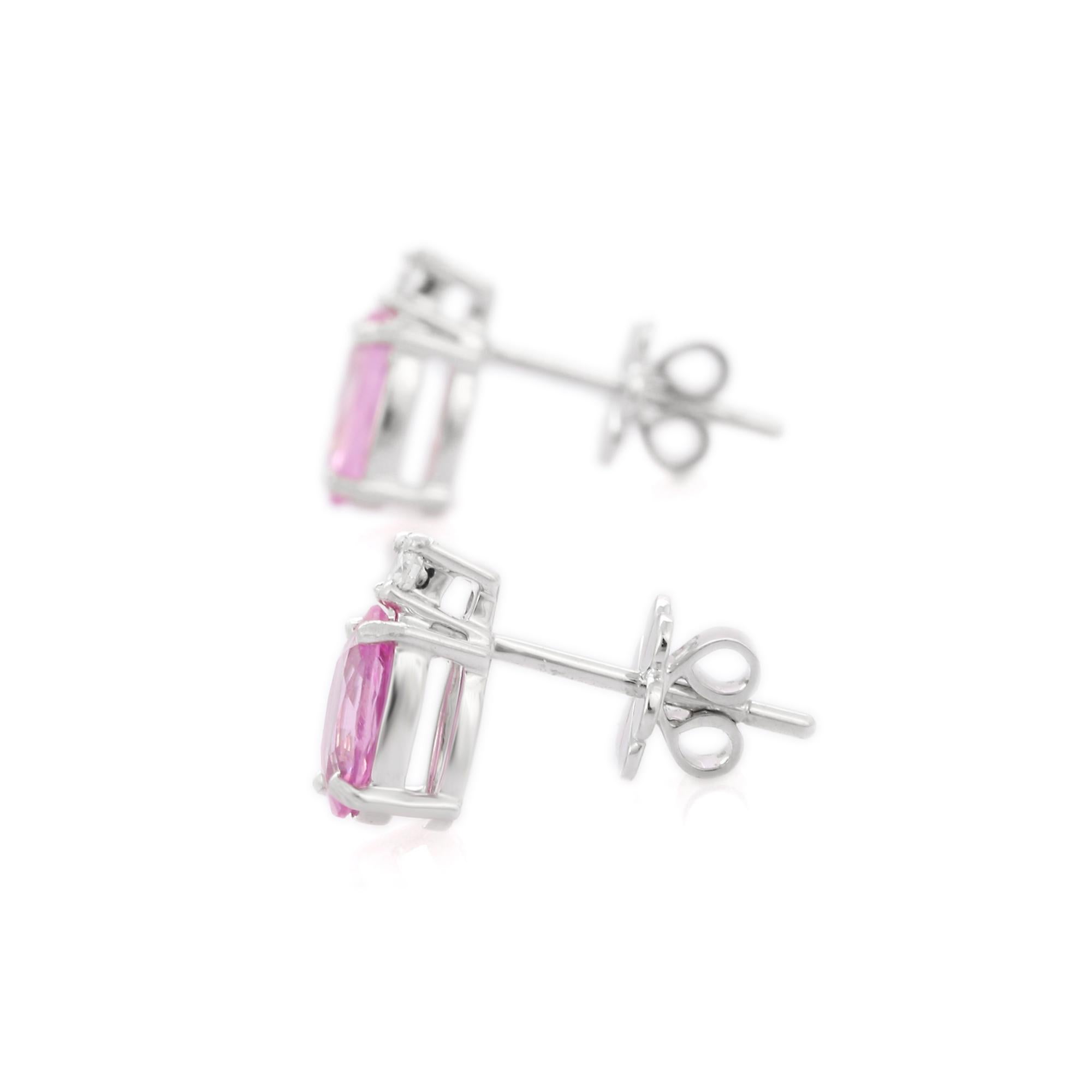 Oval Cut 1.48 Carat Prong Set Pink Sapphire Diamond Stud Earrings in 18K Solid White Gold For Sale