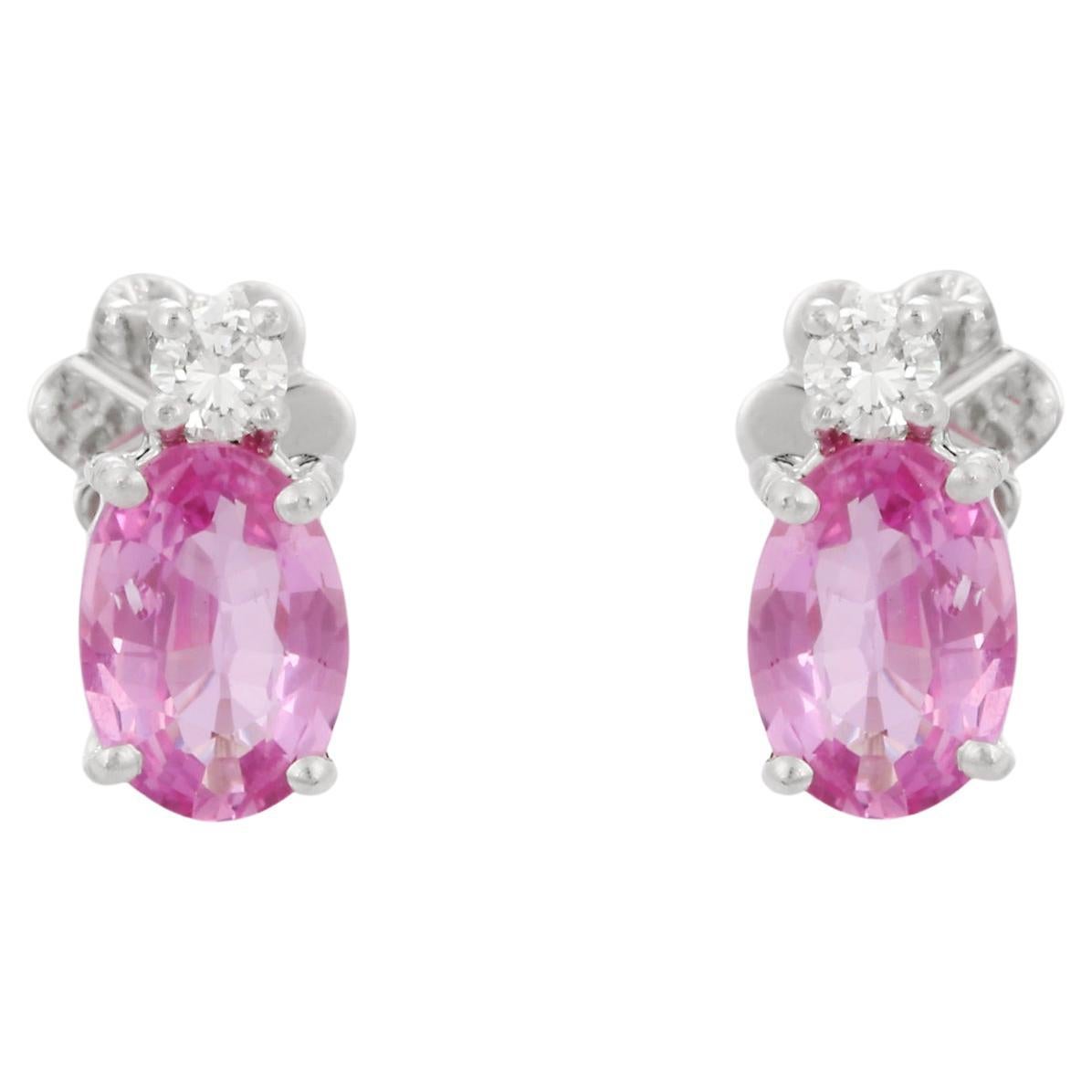 1.48 Carat Prong Set Pink Sapphire Diamond Stud Earrings in 18K Solid White Gold For Sale