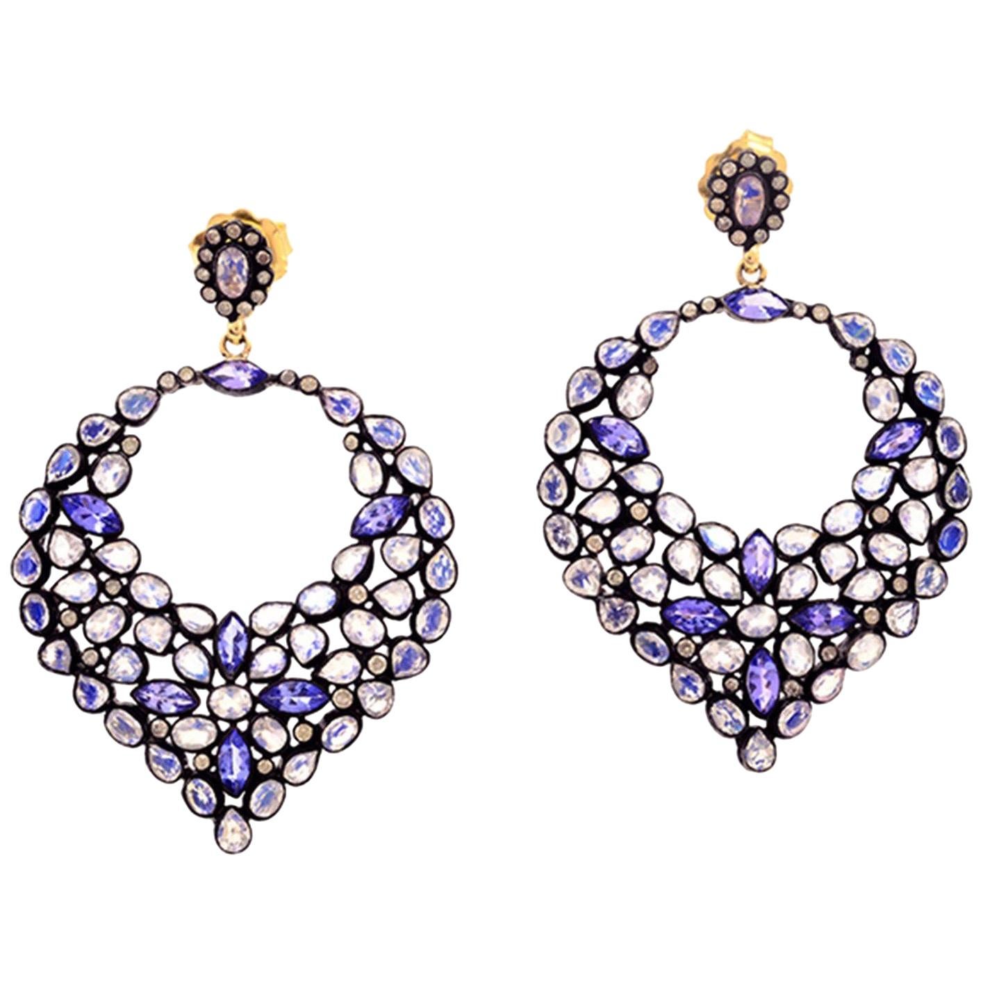 Boucles d'oreilles en diamants et tanzanite en pierre de lune arc-en-ciel de 14,8 carats