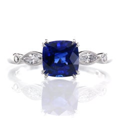 1.48 Carat Royal Blue Cushion Sapphire with Marquise Diamonds in Platinum Ring