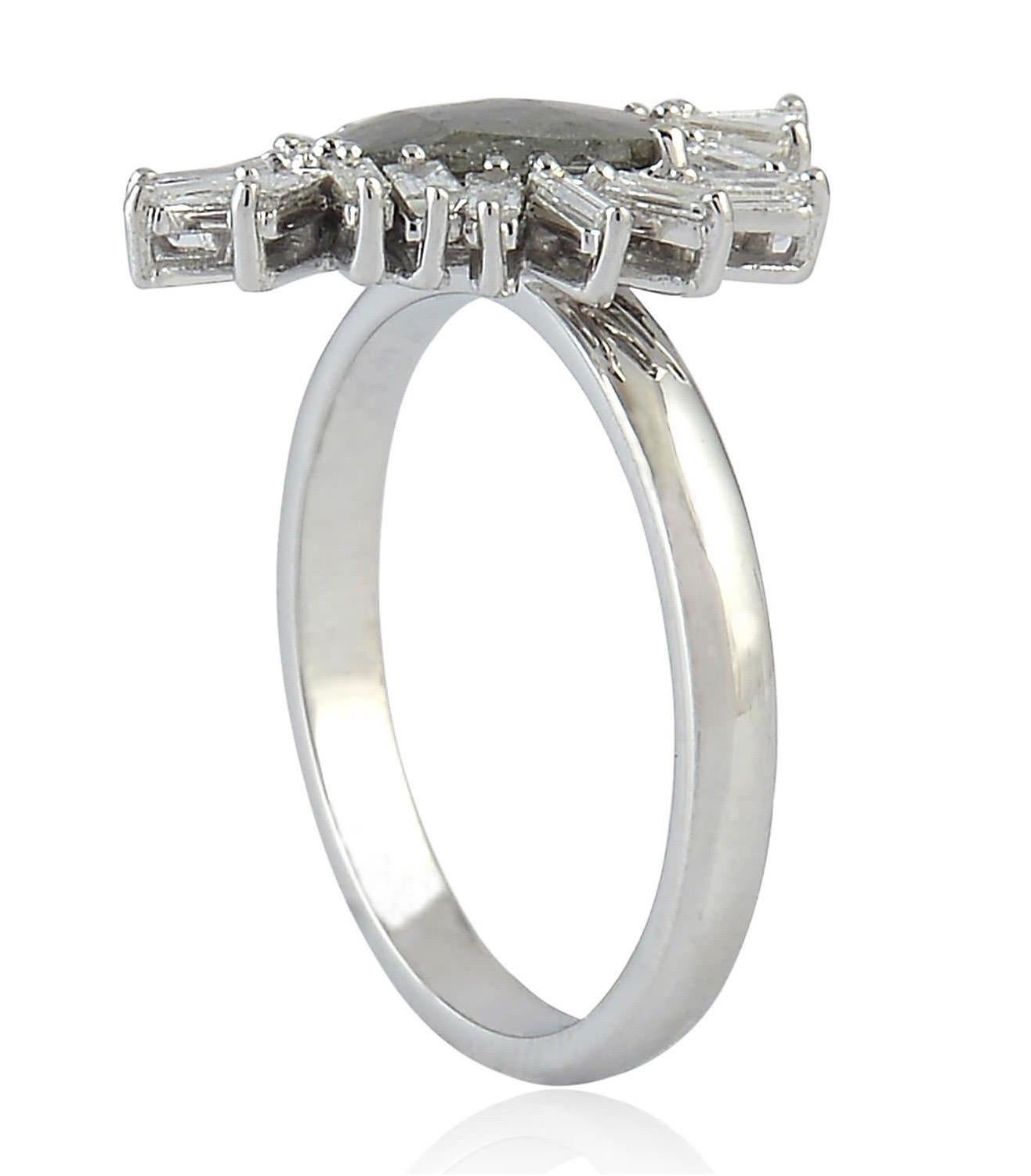 This ring has been meticulously crafted from 18-karat white gold. Handcrafted in 1.48 carat rustic and baguette diamonds. 

The ring is a size 7 and may be resized to larger or smaller upon request. 
FOLLOW  MEGHNA JEWELS storefront to view the