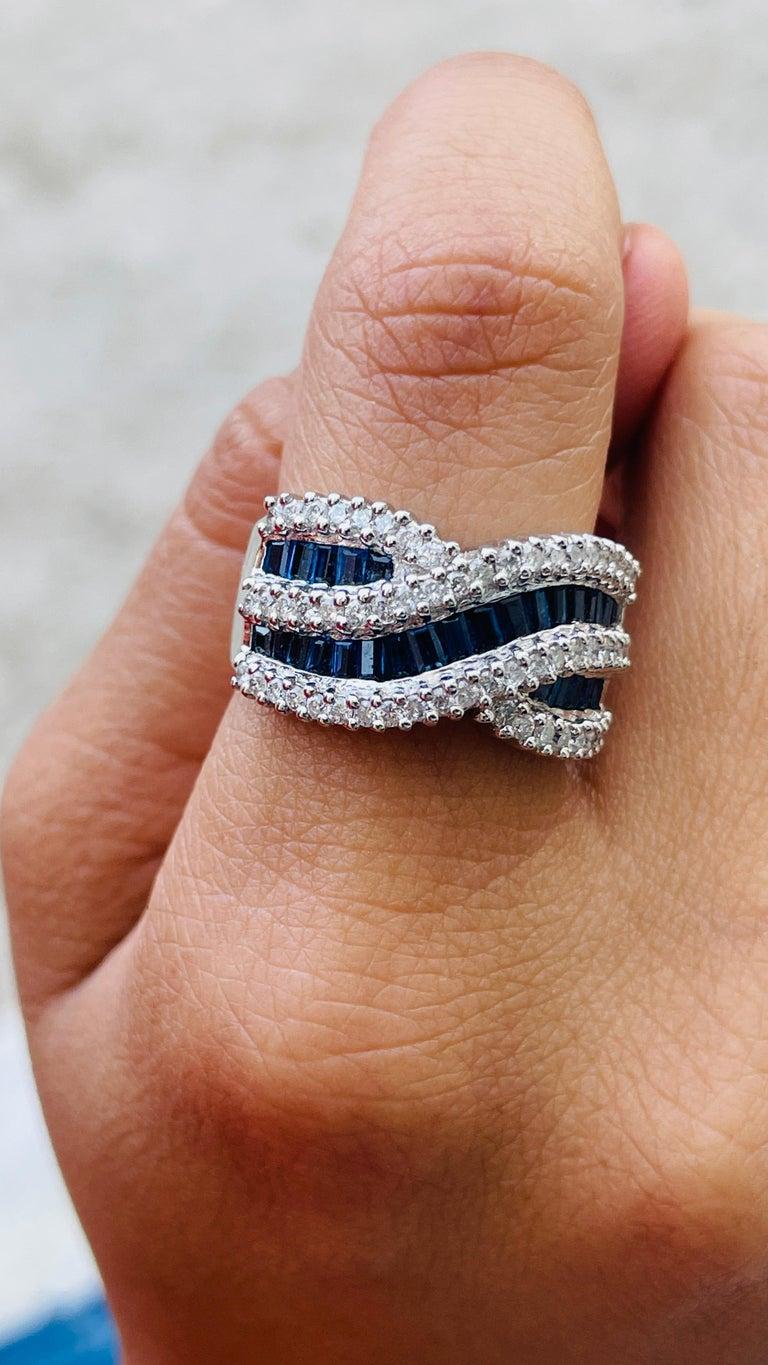 For Sale:  1.48 Carat Sapphire & Diamond Criss Cross Ring in 14k White Gold Gift for Mom 10