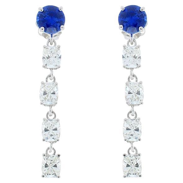 1.48 Carat Total Ceylon Sapphire and 2.25 Carat Total Cushion Diamond Earrings For Sale