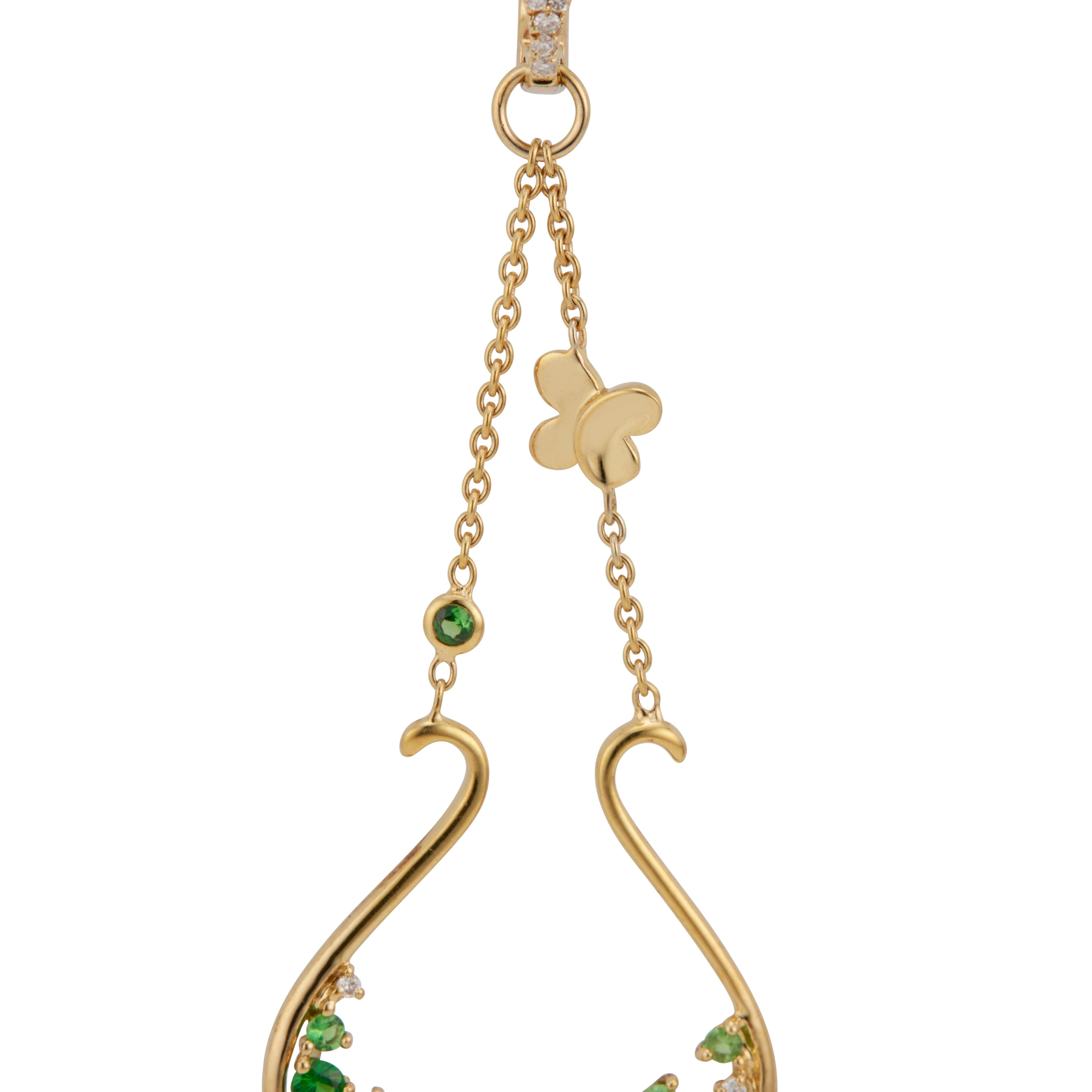 1.48 Carat Tsavorite Garnet Diamond Yellow Gold Dangle Chandelier Earrings In Excellent Condition For Sale In Stamford, CT