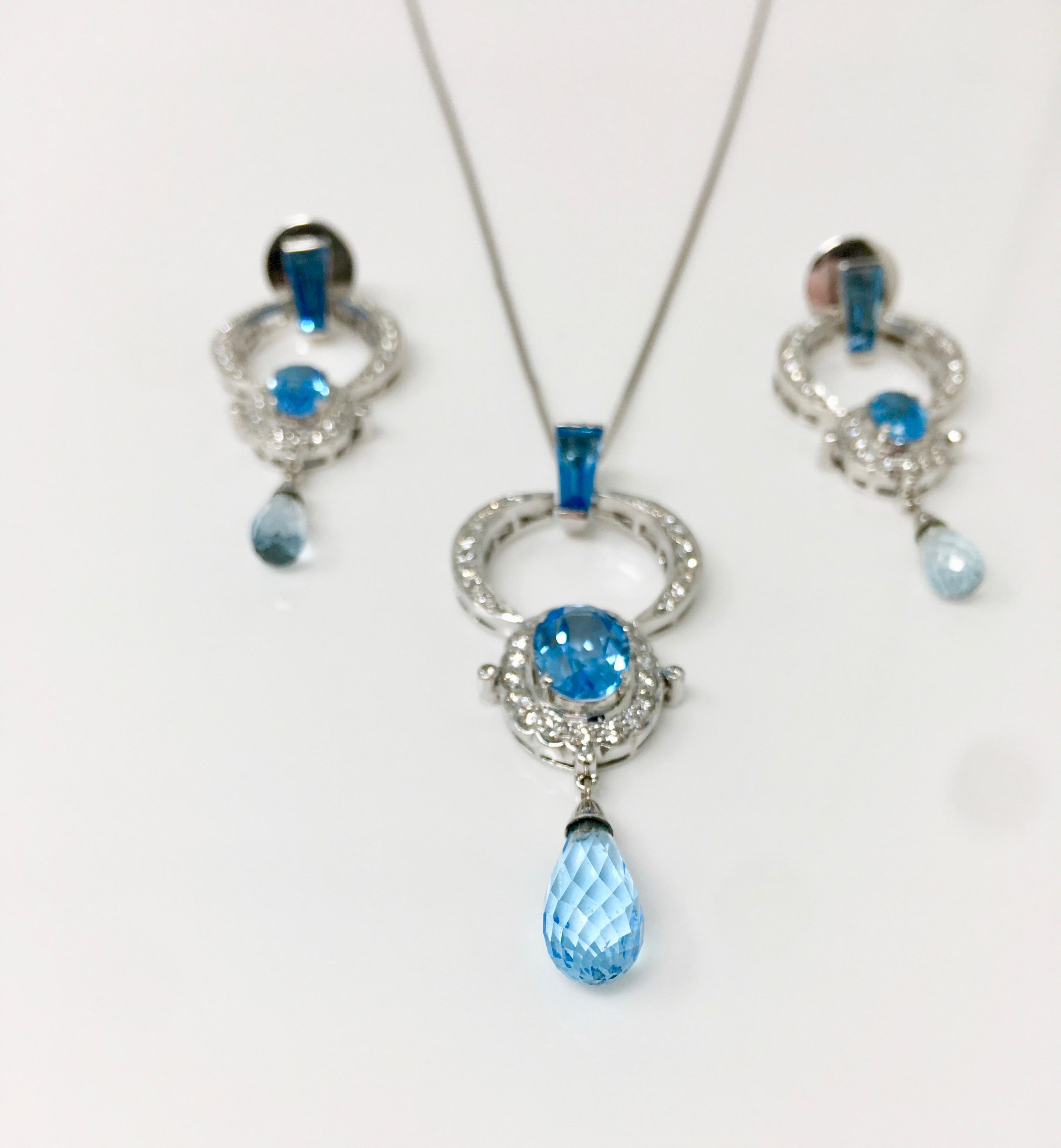 Women's 1.48 Carat White Round Brilliant Diamond and 13.25 Carat Blue Topaz Pendant Set For Sale