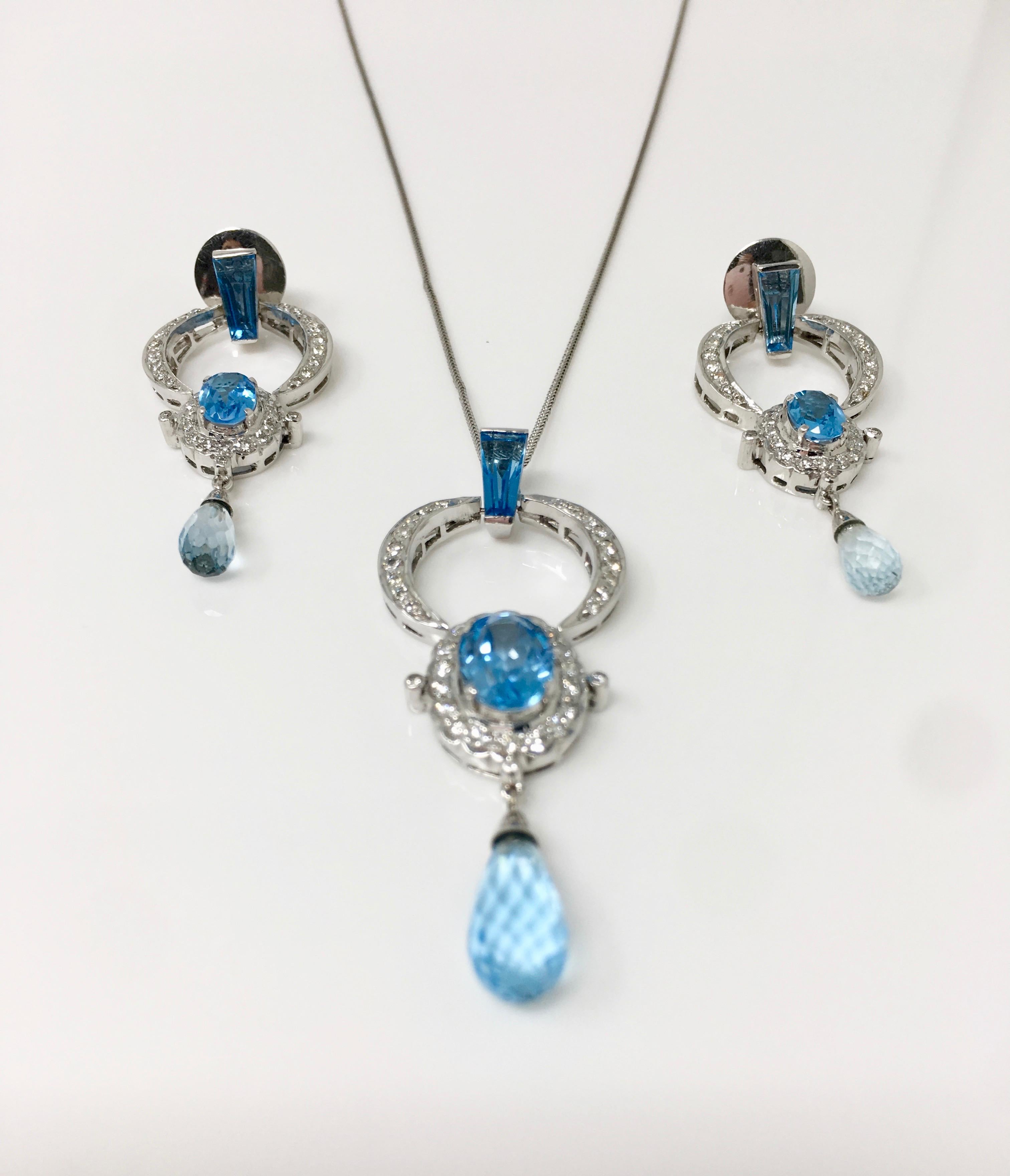 1.48 Carat White Round Brilliant Diamond and 13.25 Carat Blue Topaz Pendant Set For Sale 1
