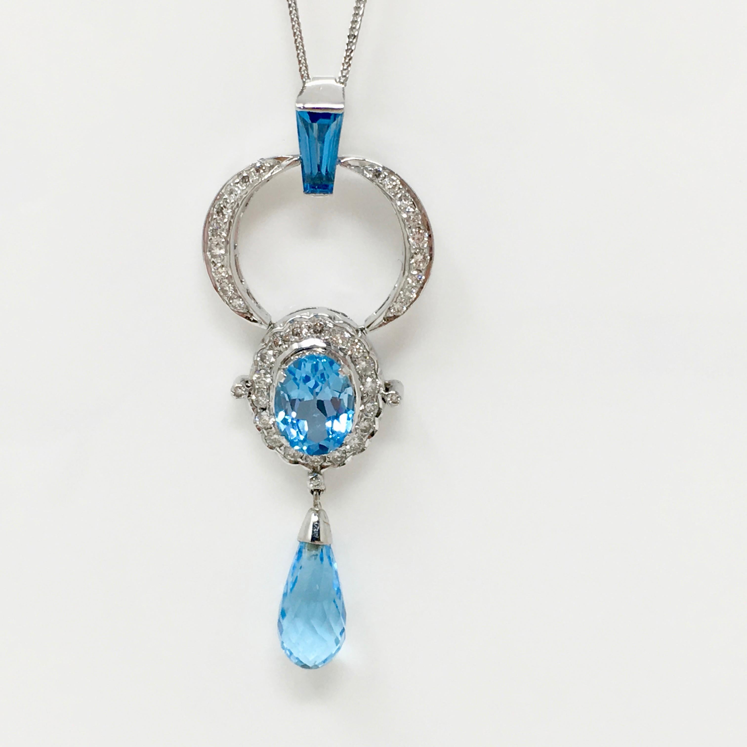1.48 Carat White Round Brilliant Diamond and 13.25 Carat Blue Topaz Pendant Set For Sale 2