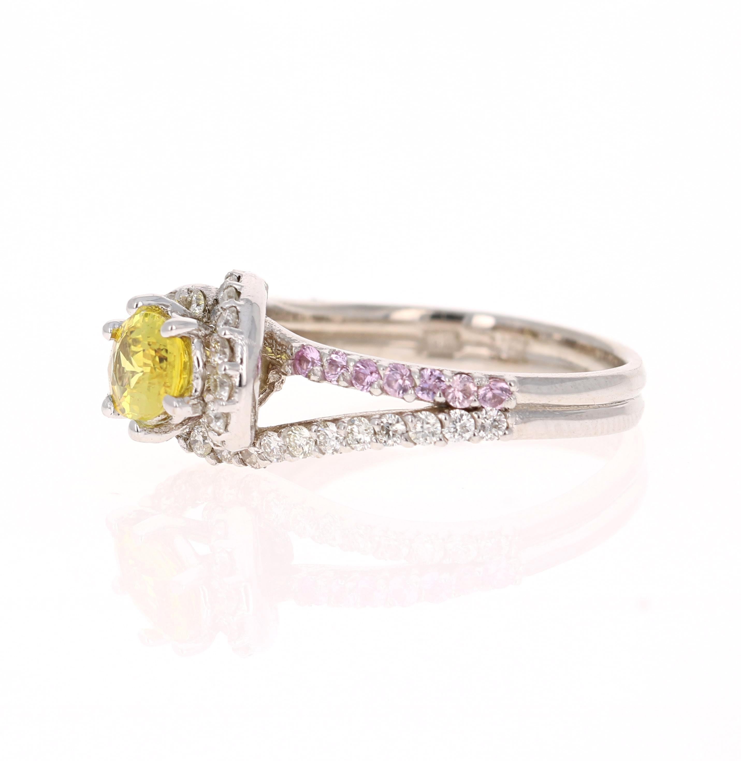 Modern 1.48 Carat Yellow Sapphire Pink Sapphire Diamond 14 Karat White Gold Ring