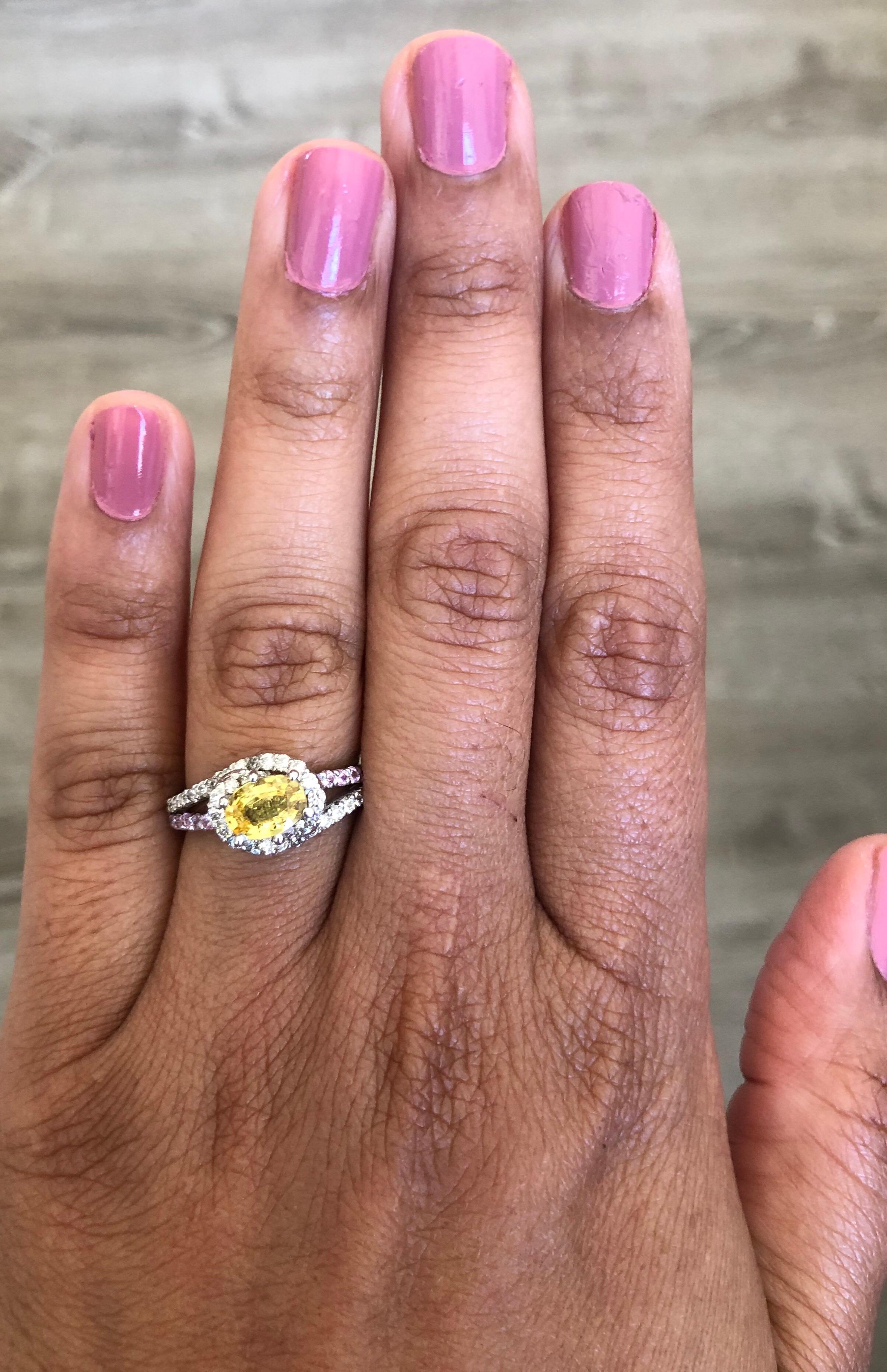 1.48 Carat Yellow Sapphire Pink Sapphire Diamond 14 Karat White Gold Ring In New Condition In Los Angeles, CA