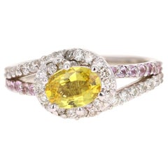 Bague en or blanc 14 carats avec saphir jaune, saphir rose et diamant de 1,48 carat