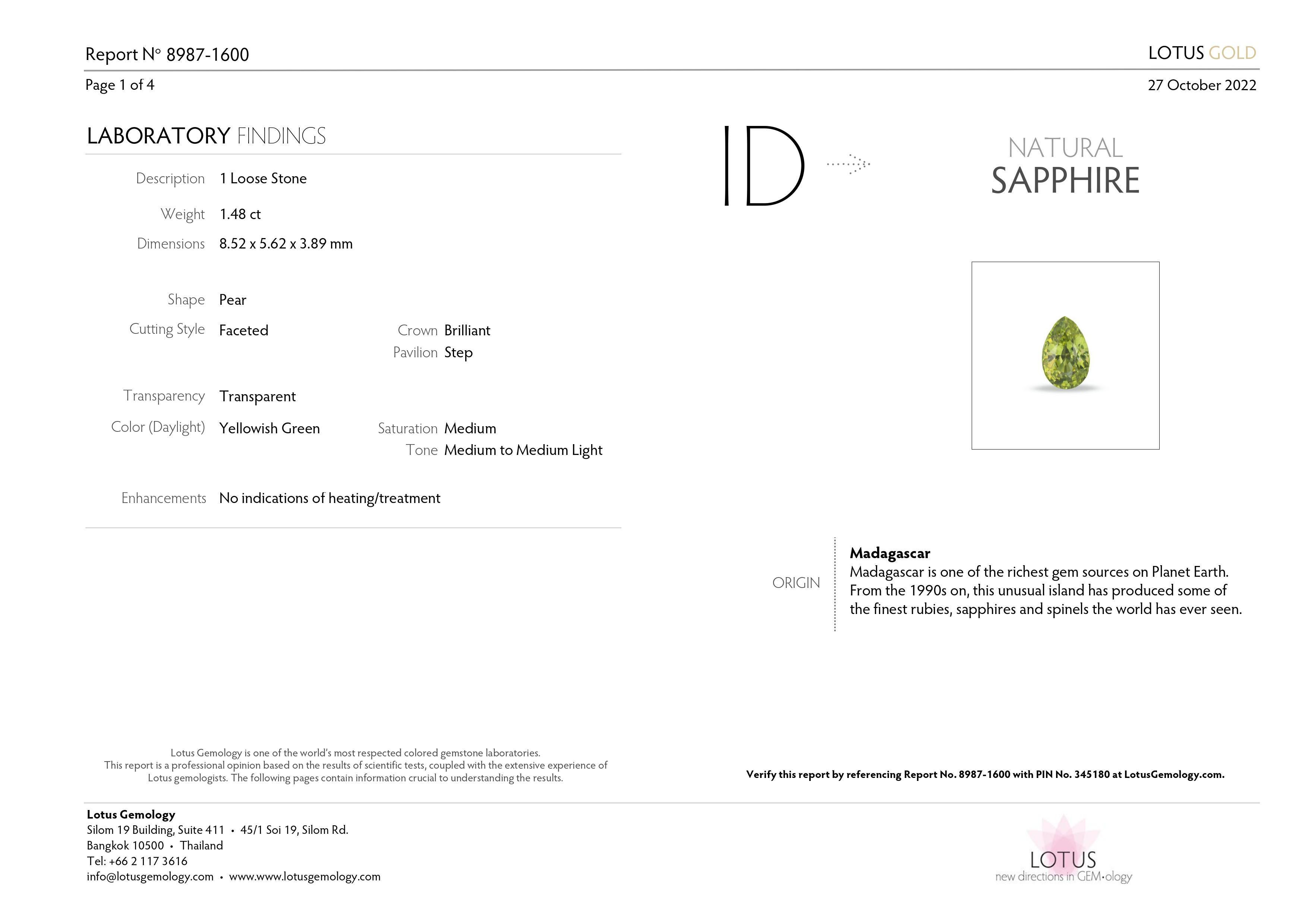 Women's or Men's 1.48 Carat Yellowish Green Sapphire from Madagascar Lotus Certified For Sale