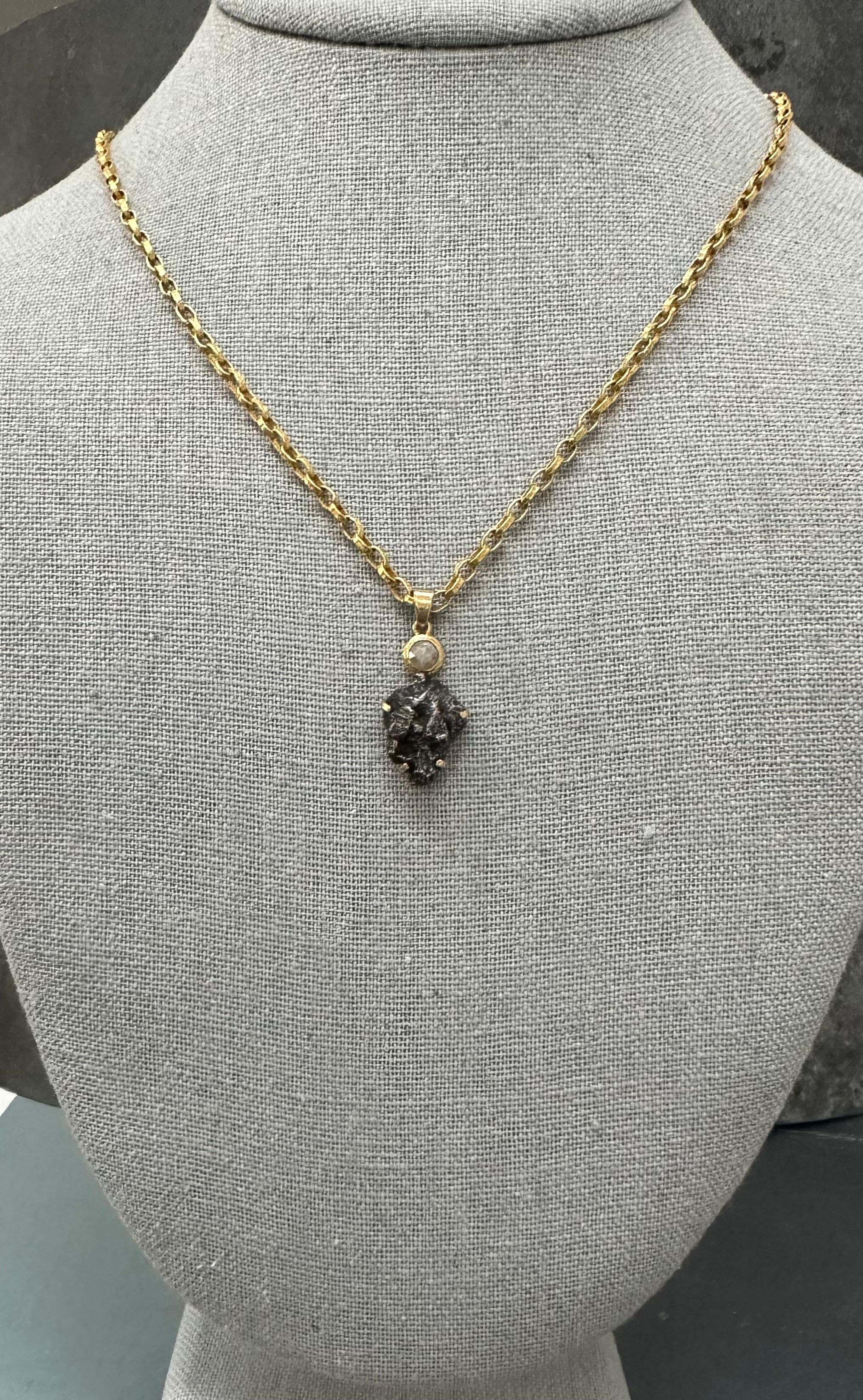 Women's or Men's 14.8 Carats Sikhote-Alin Meteorite Natural Diamond 18K Gold Pendant  For Sale