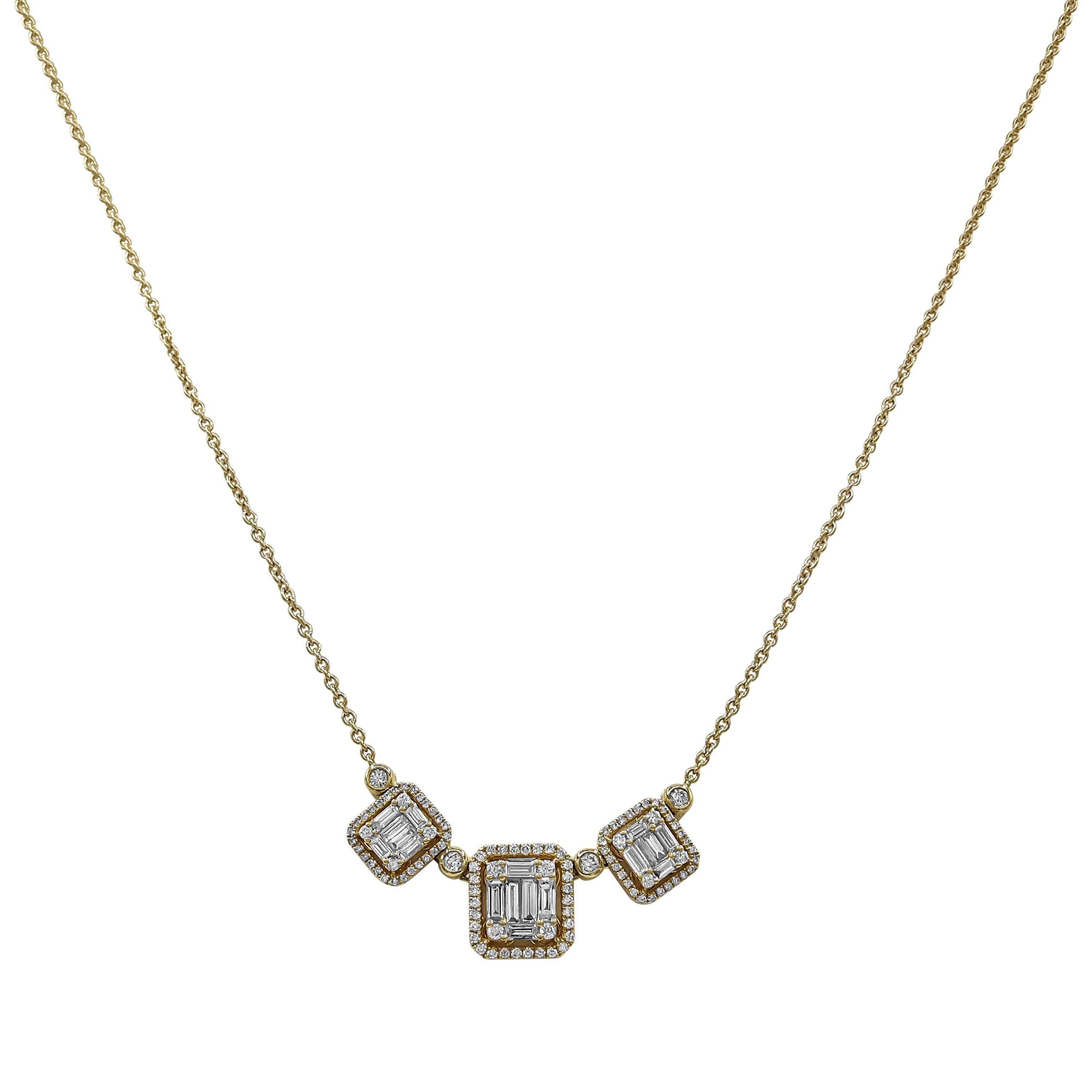 18 White Baguette Diamonds: 0.85 Carats
102 White Round Diamonds: 0.63 Carats
Metal: 18K Yellow Gold, 8.82 Grams
