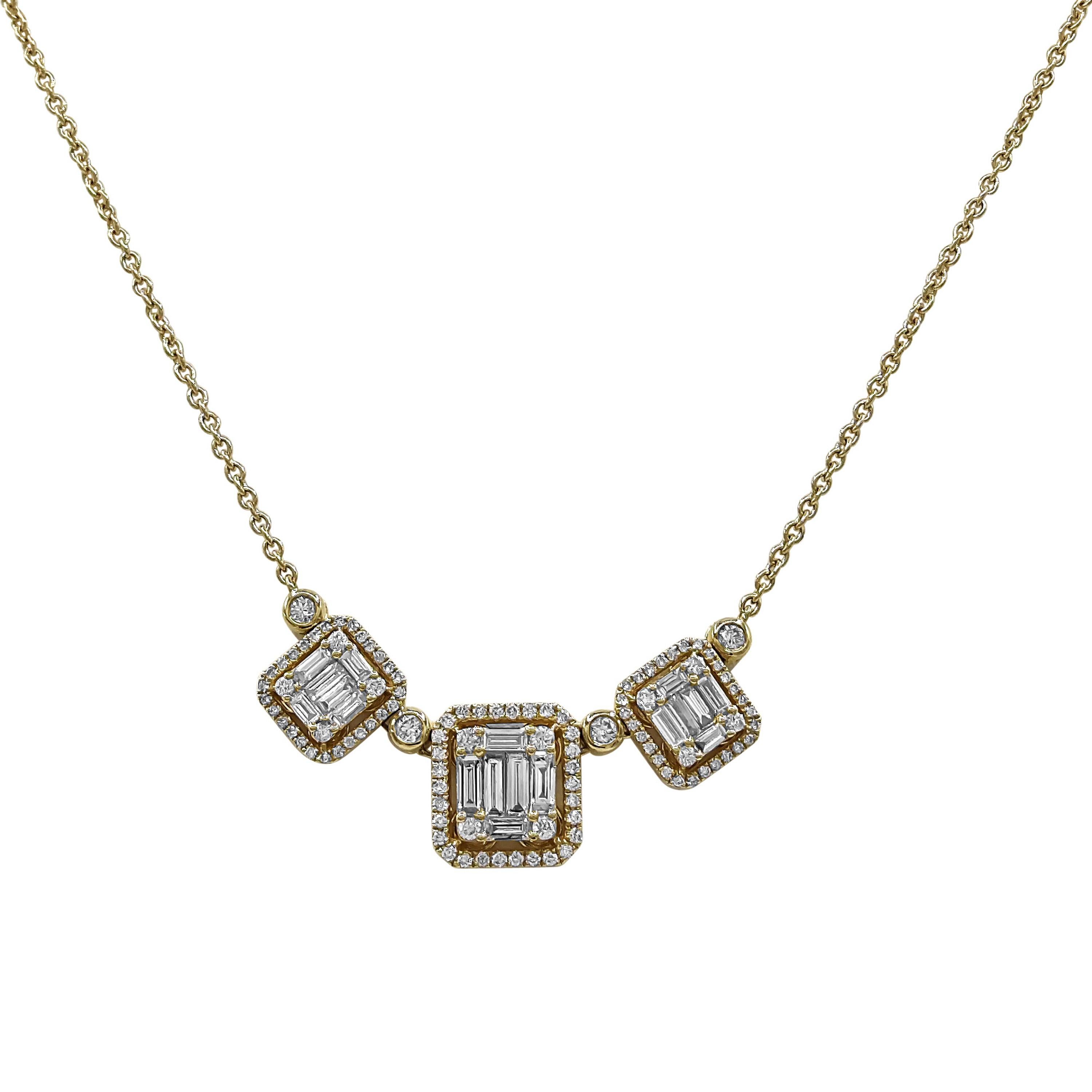 Mixed Cut 1.48 Carats White Diamond Yellow Gold Necklace For Sale