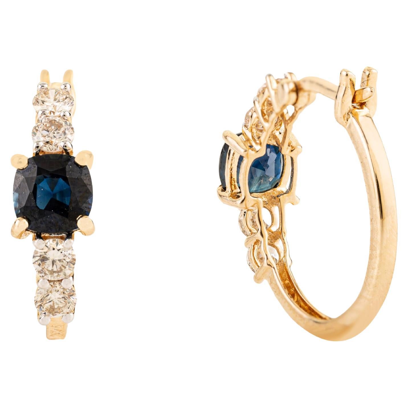1.48 Ct Blue Sapphire 
Diamond Huggie Hoop Earrings Gift in 14k Yellow Gold