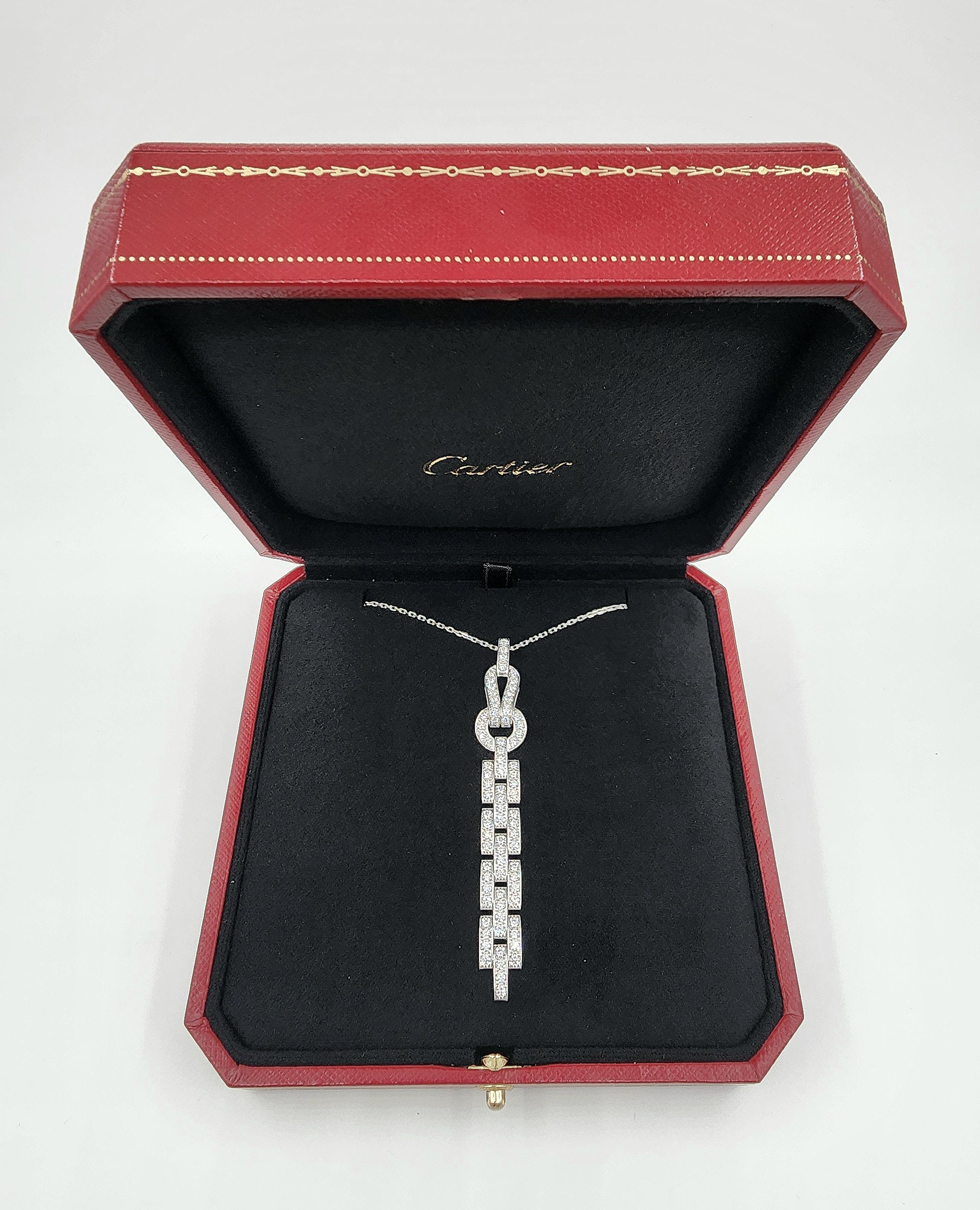 If you are in the market for a necklace that is both stylish and versatile, then I think you will love this gorgeous Cartier Agrafe necklace. Made by Cartier, this necklace features 1.48 carats of round-cut, D/E color, VS1-clarity diamonds that are