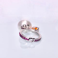 Eostre Fire Opal, South Sea Pearl, Ruby and Diamond Ring in 18K White Gold