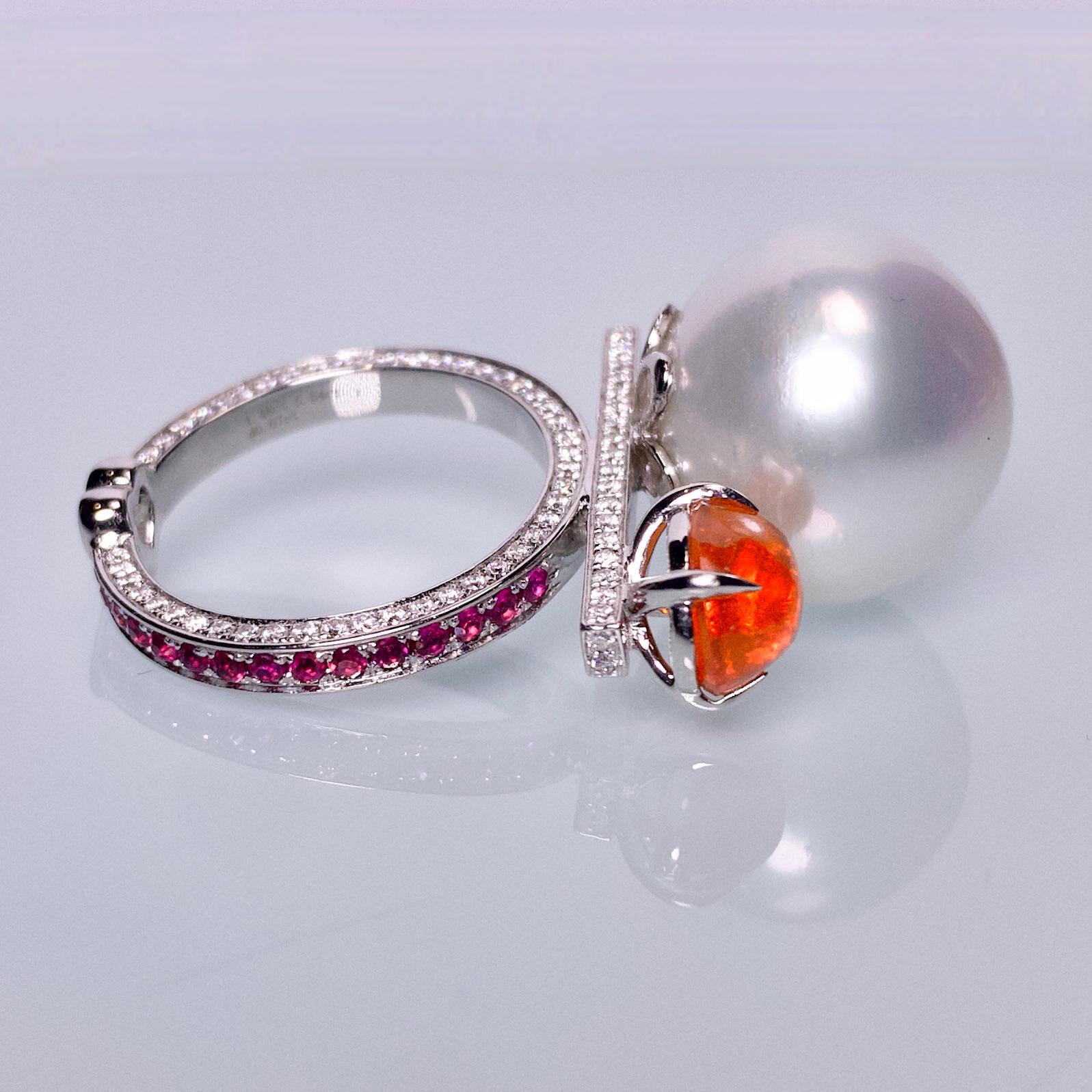 Contemporary Eostre Fire Opal, South Sea Pearl, Ruby and Diamond Ring in 18K White Gold For Sale