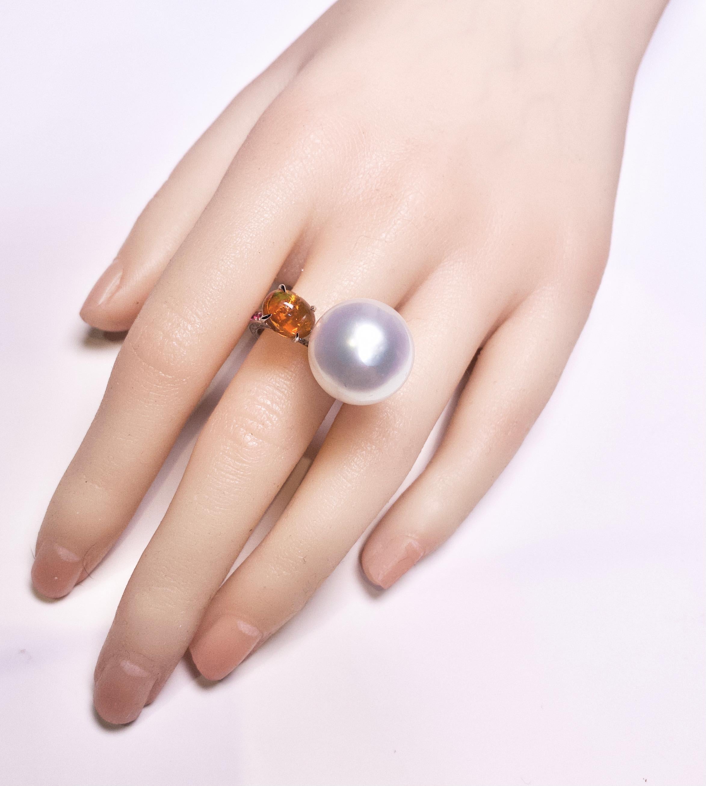 Eostre Fire Opal, South Sea Pearl, Ruby and Diamond Ring in 18K White Gold In New Condition For Sale In Melbourne, AU