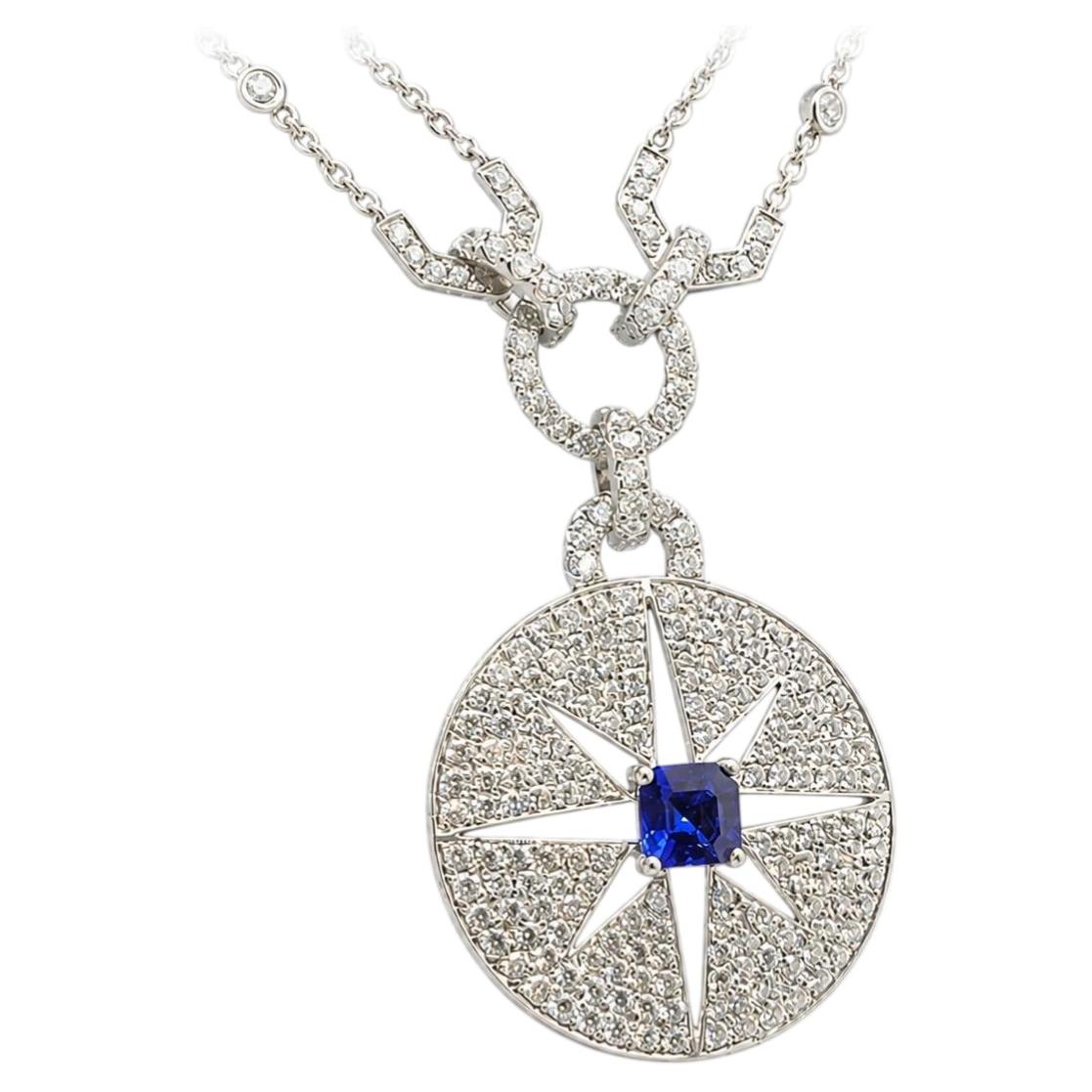 1.48 CT Sapphire 11.50 CT Diamond 18K White Gold Compass Rose Necklace en vente