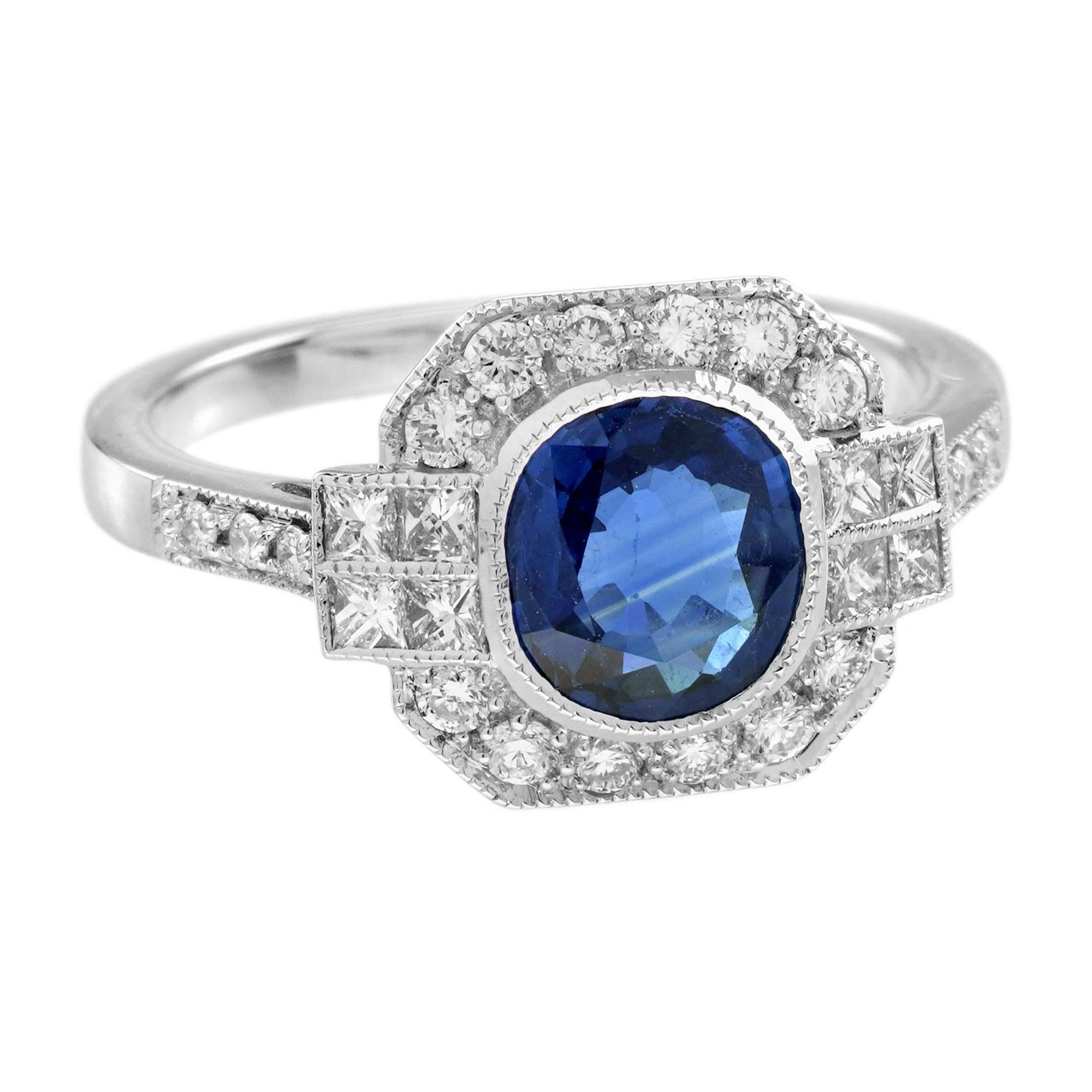 Taglio cuscino 1.48 Ct. Sapphire Madagascar Diamond Art Deco Style Engagement Ring in 18K Gold in vendita