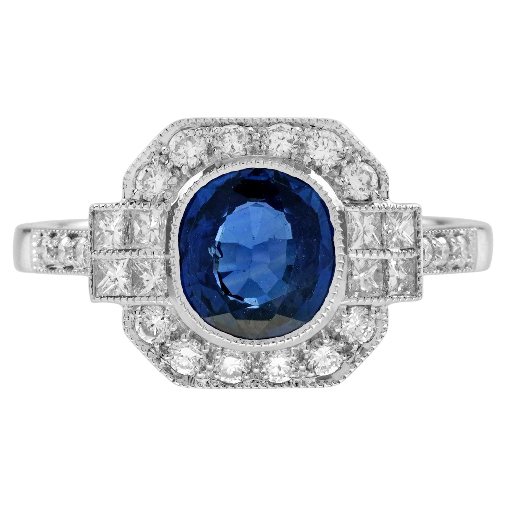 1.48 Ct. Sapphire Madagascar Diamond Art Deco Style Engagement Ring in 18K Gold
