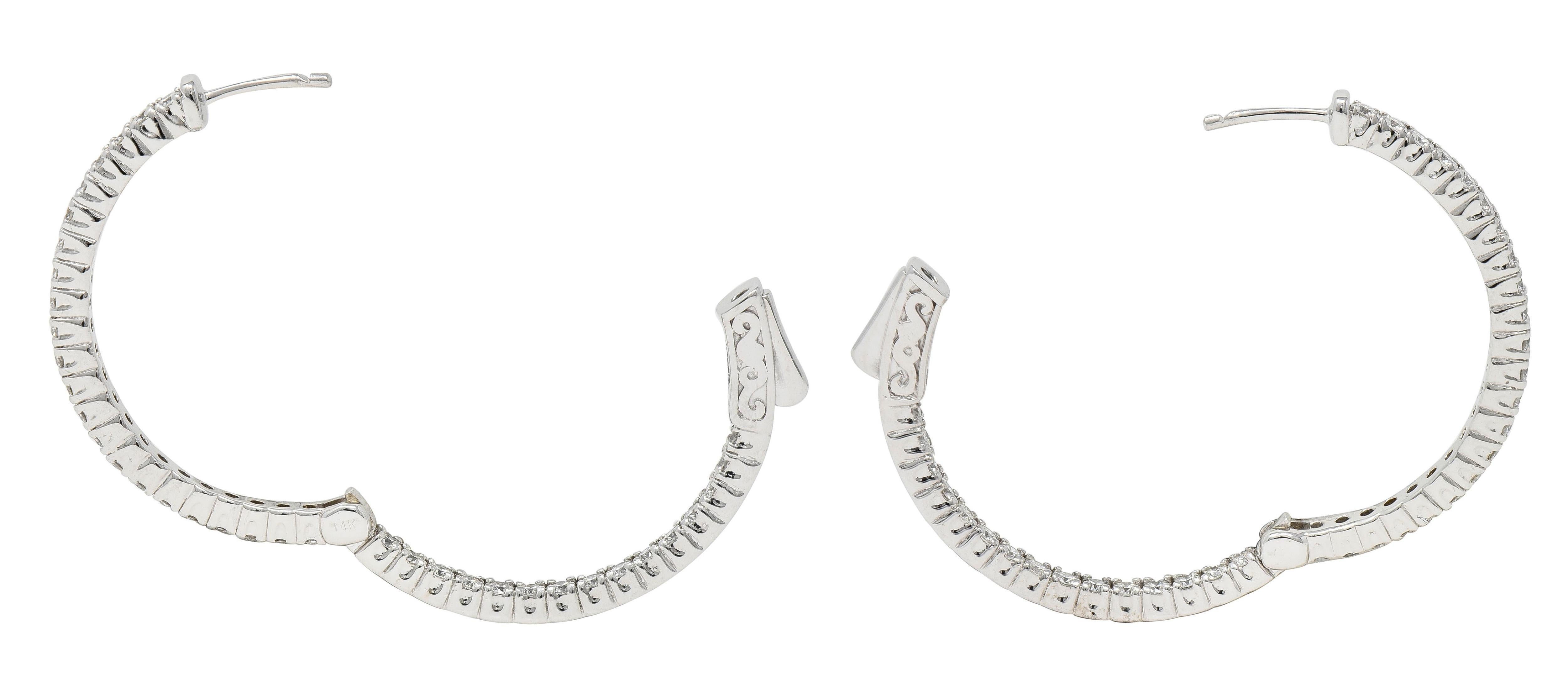 1.48 CTW Diamond 14 Karat White Gold Inside Outside 30 MM Hoop Earrings For Sale 1