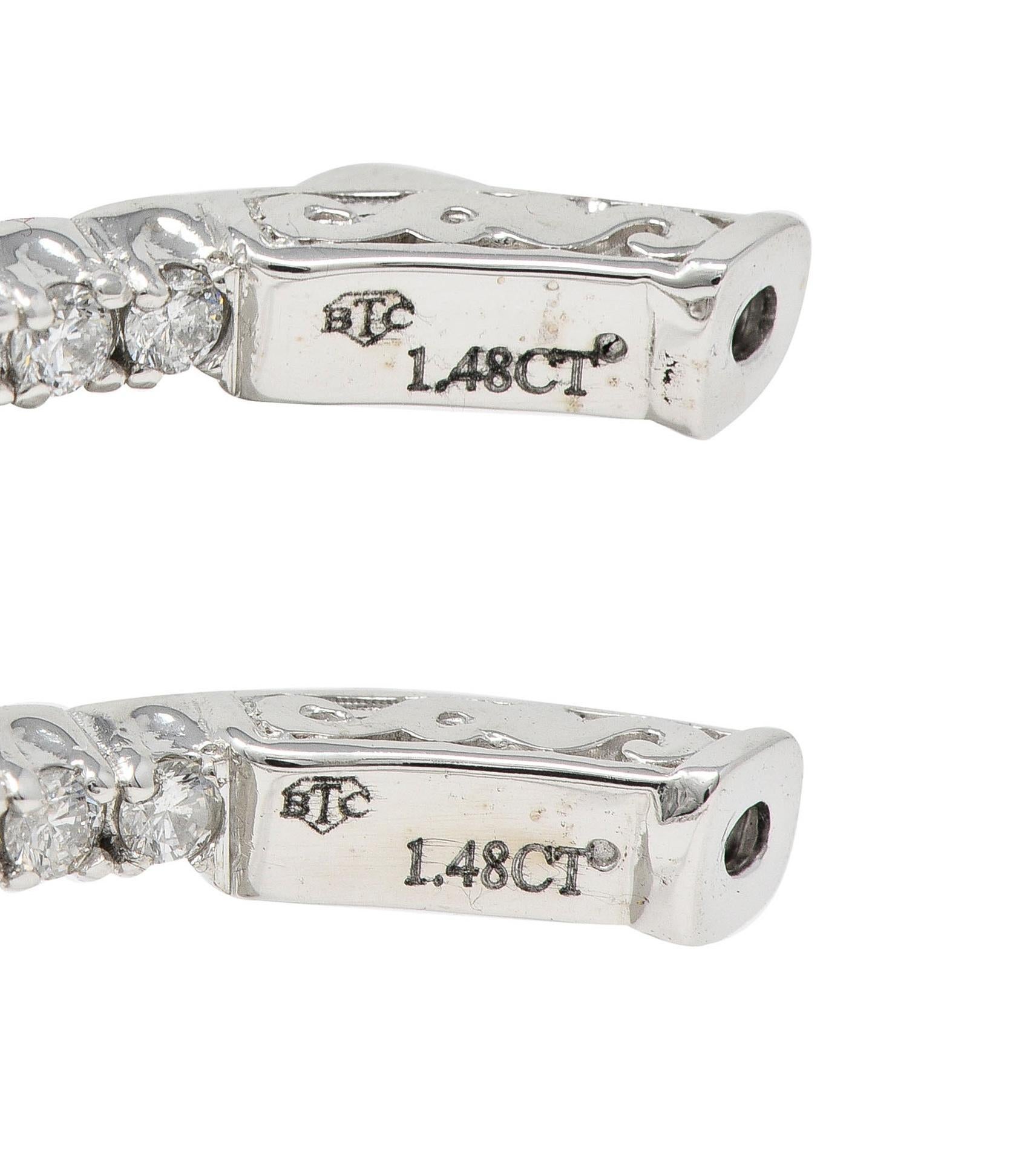 1.48 CTW Diamond 14 Karat White Gold Inside Outside 30 MM Hoop Earrings For Sale 2