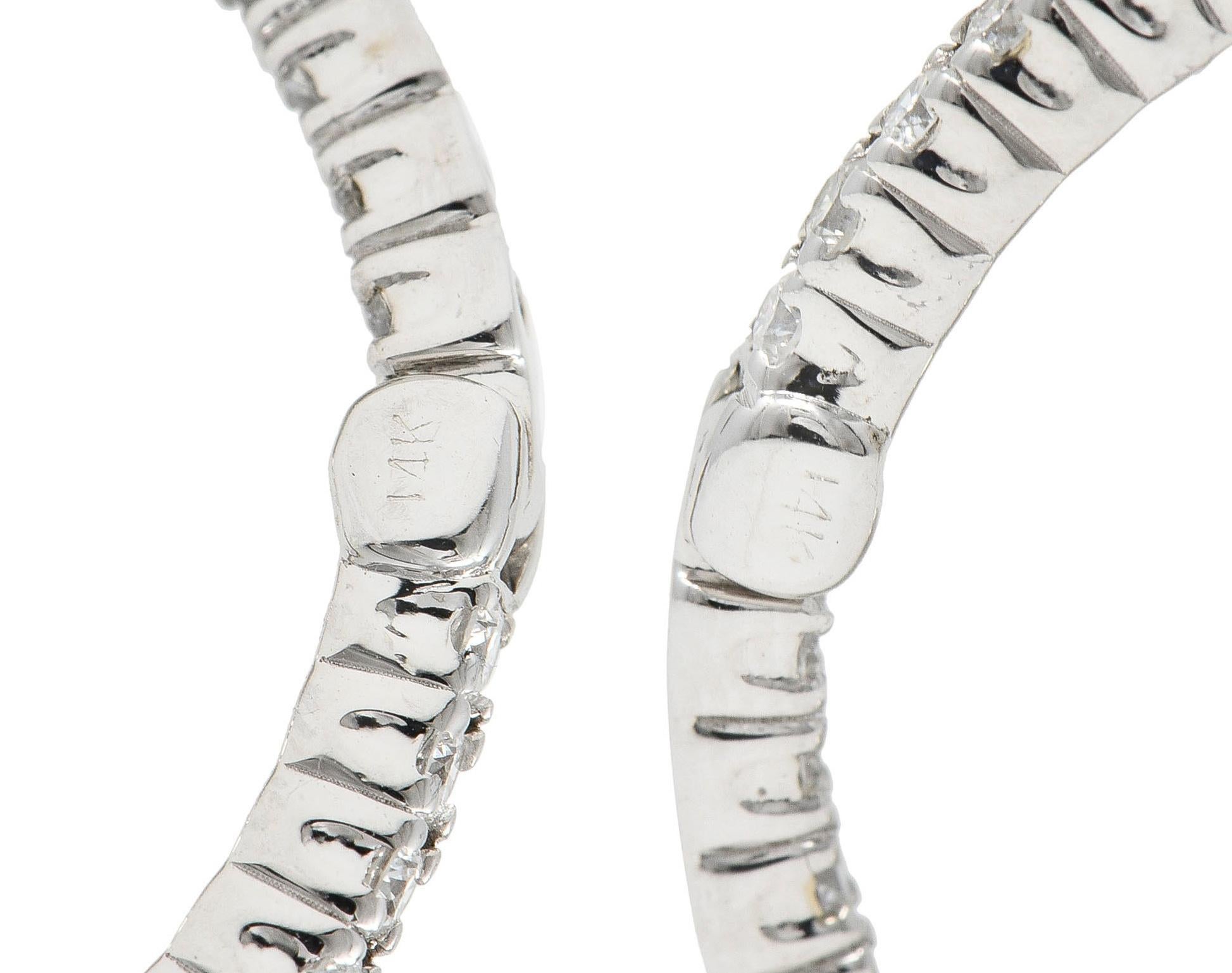 1.48 CTW Diamond 14 Karat White Gold Inside Outside 30 MM Hoop Earrings For Sale 3