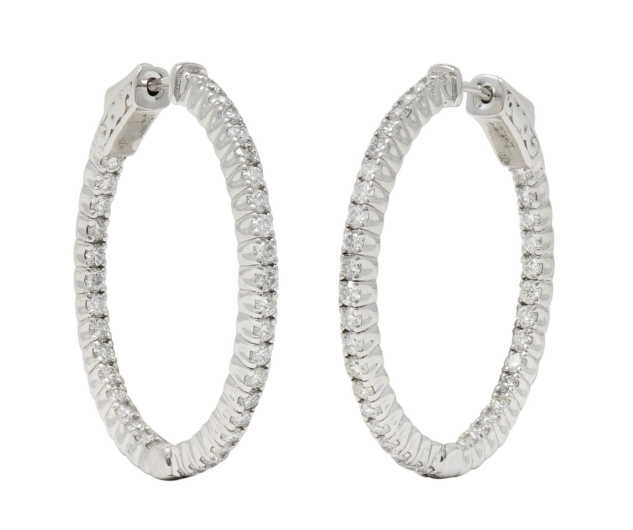 1.48 CTW Diamond 14 Karat White Gold Inside Outside 30 MM Hoop Earrings For Sale 4