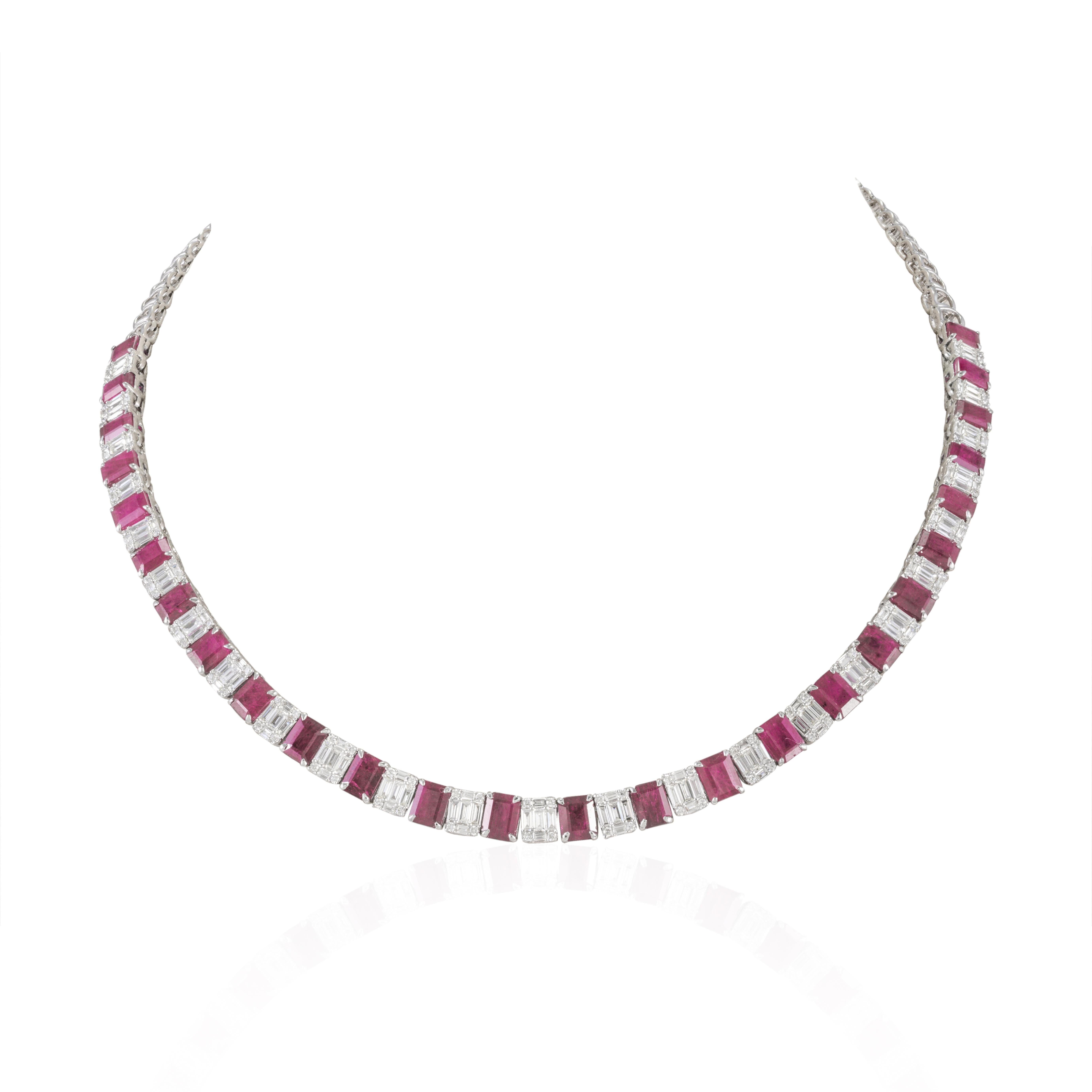 Art Nouveau 14.8ct Octagon Ruby and Mixed Diamond Tennis Necklace in 18k Solid White Gold For Sale
