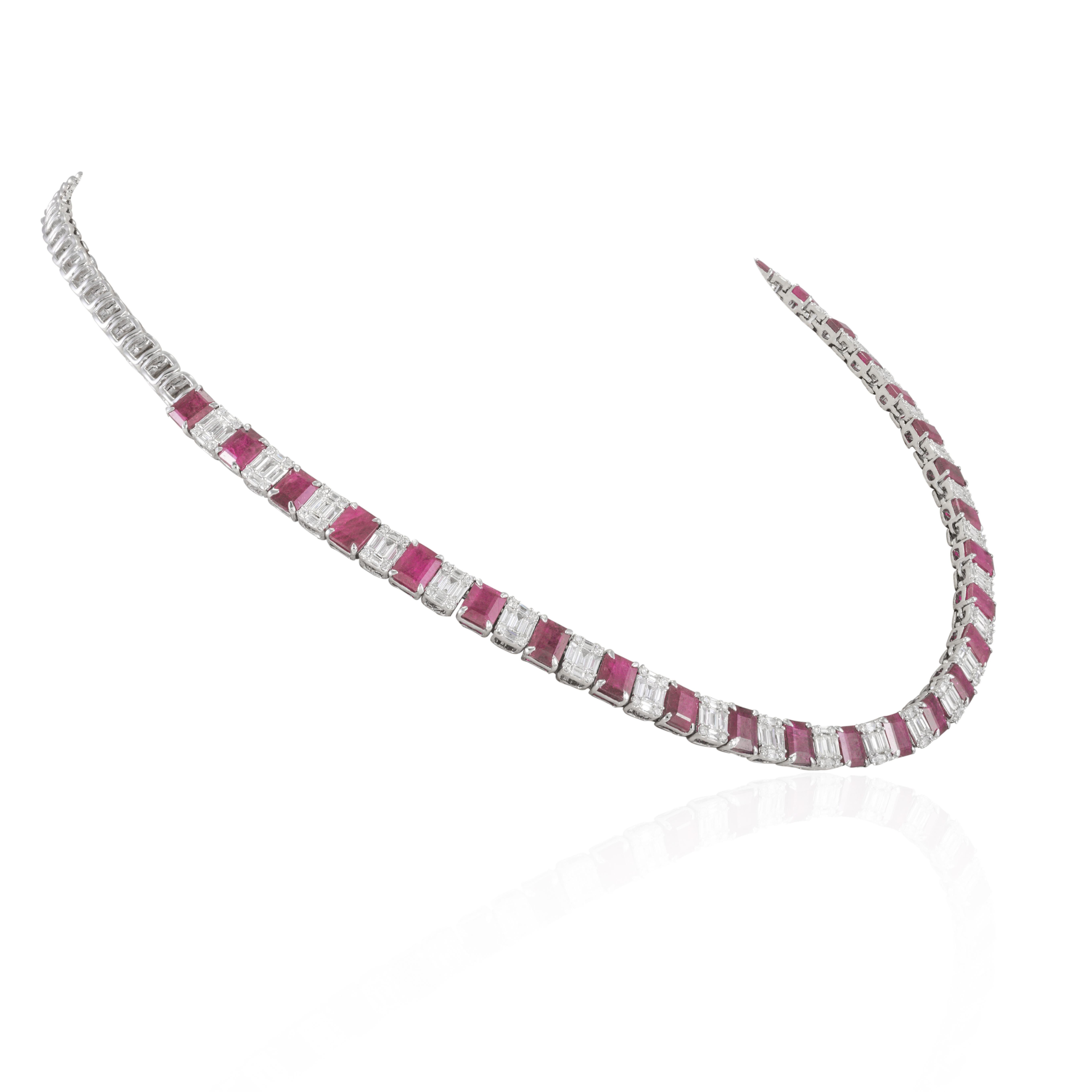 Women's 14.8ct Octagon Ruby and Mixed Diamond Tennis Necklace in 18k Solid White Gold For Sale