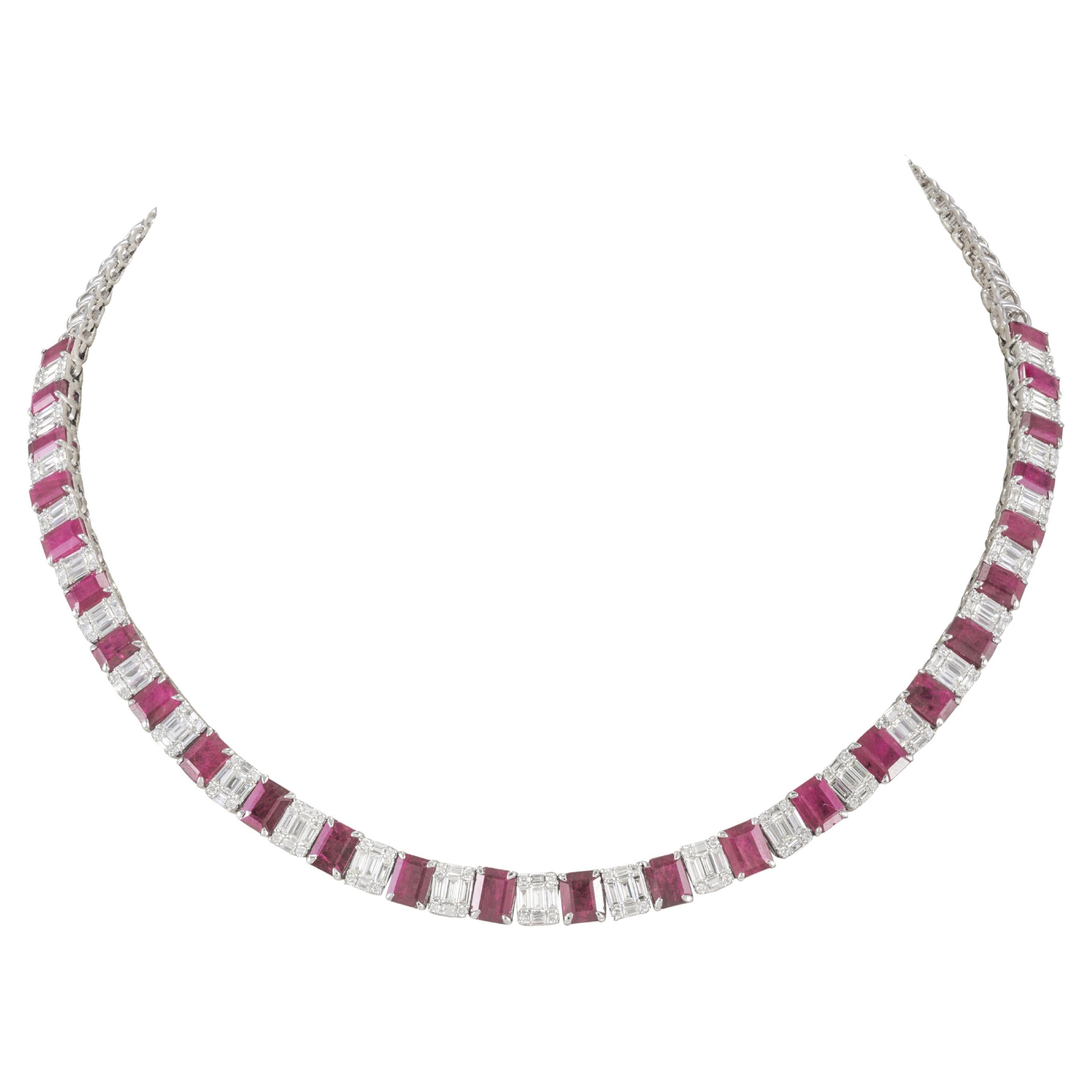 14.8ct Octagon Ruby and Mixed Diamond Tennis Necklace in 18k Solid White Gold For Sale