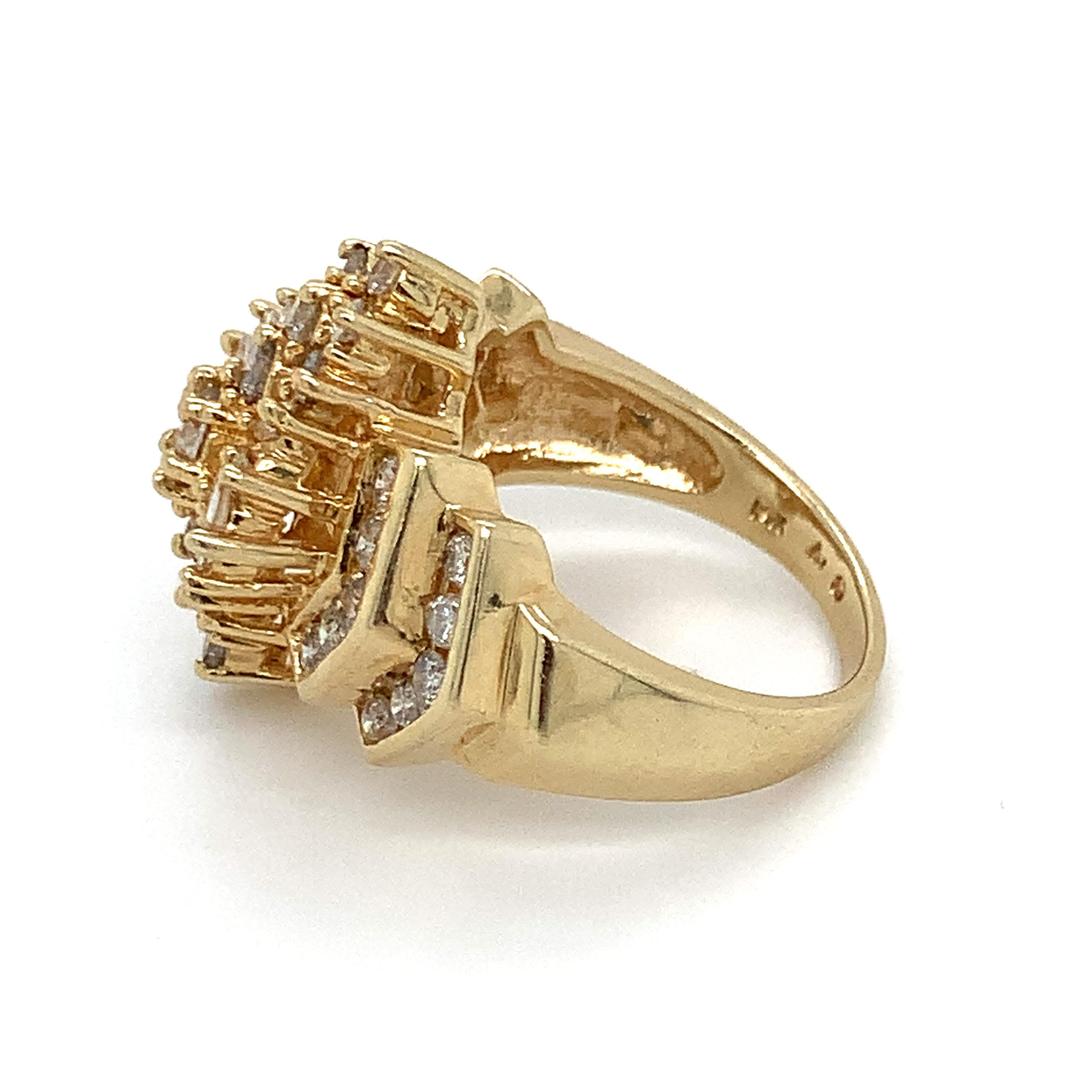 1.48 TCW Diamond Cocktail Ring in 14K Yellow Gold Vintage Baguette & Round Sz 6 For Sale 5