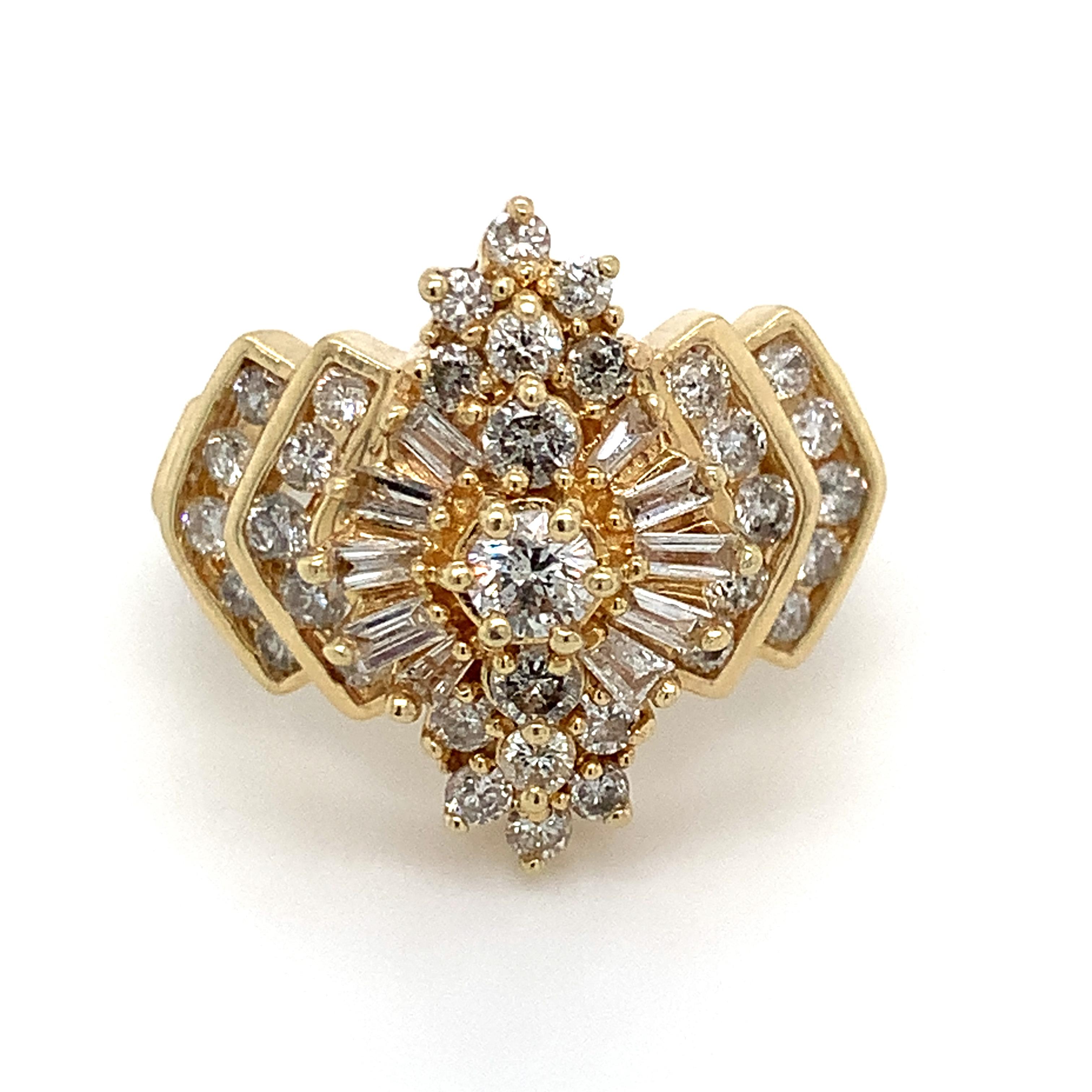 Presenting this stunning 1.48 TCW Diamond Cocktail Ring, the embodiment of classic refinement. This vintage style masterpiece, crafted from luxurious 14K yellow gold, features a meticulously arranged mix of baguette and round-cut diamonds.