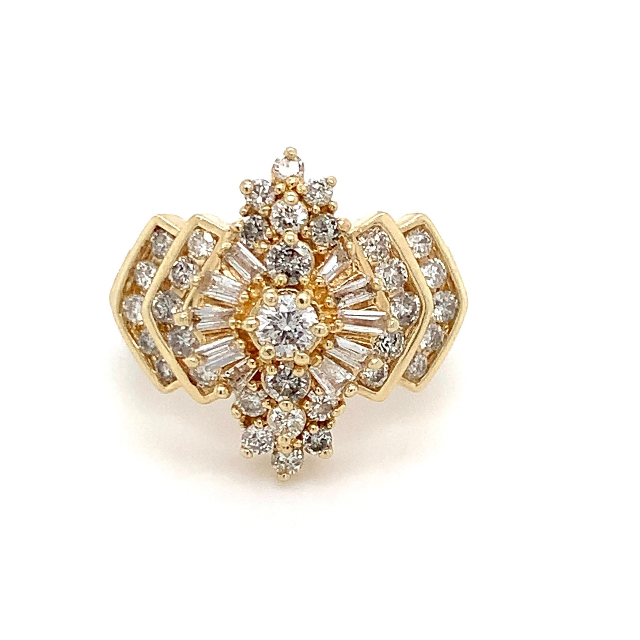 Baguette Cut 1.48 TCW Diamond Cocktail Ring in 14K Yellow Gold Vintage Baguette & Round Sz 6 For Sale
