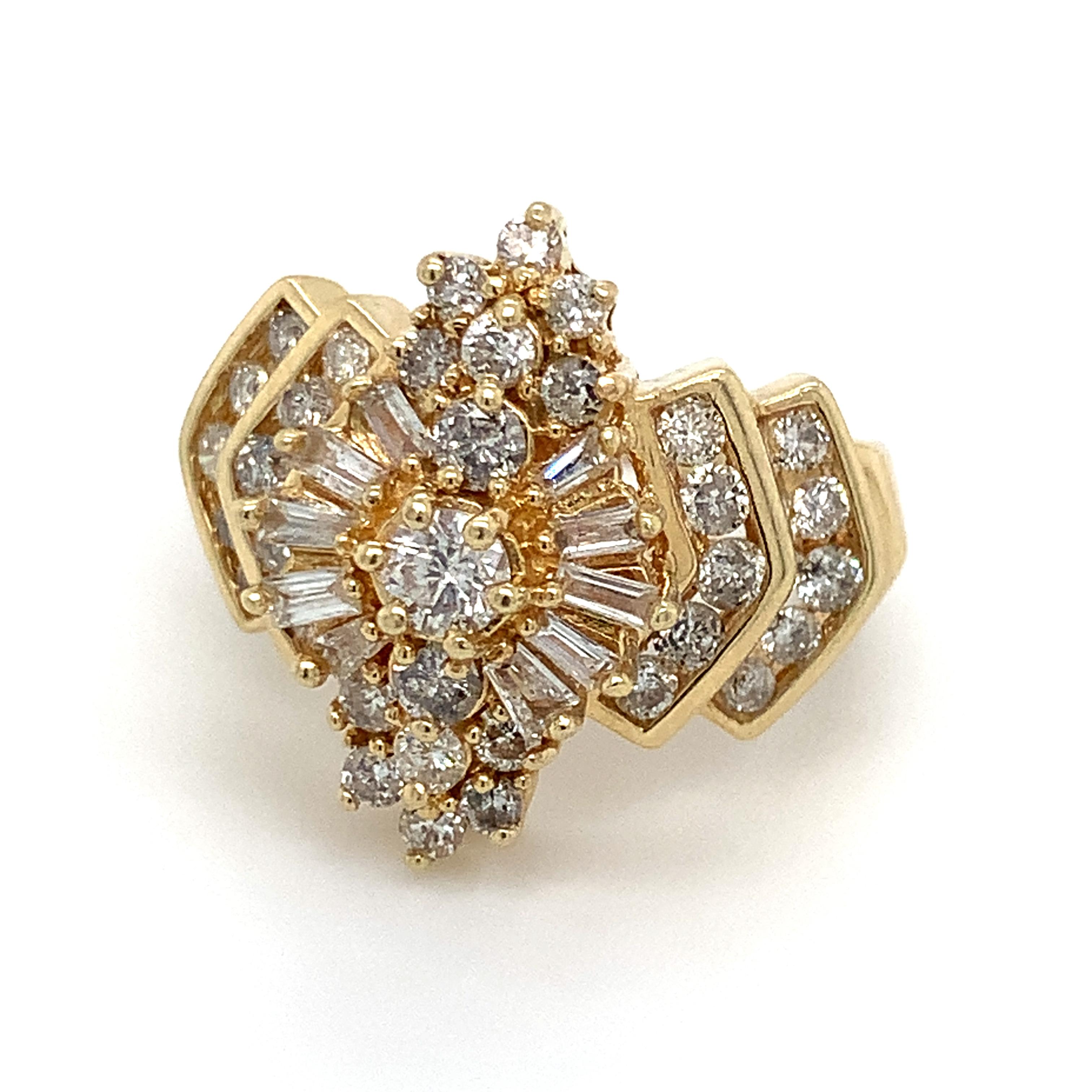 Women's 1.48 TCW Diamond Cocktail Ring in 14K Yellow Gold Vintage Baguette & Round Sz 6 For Sale