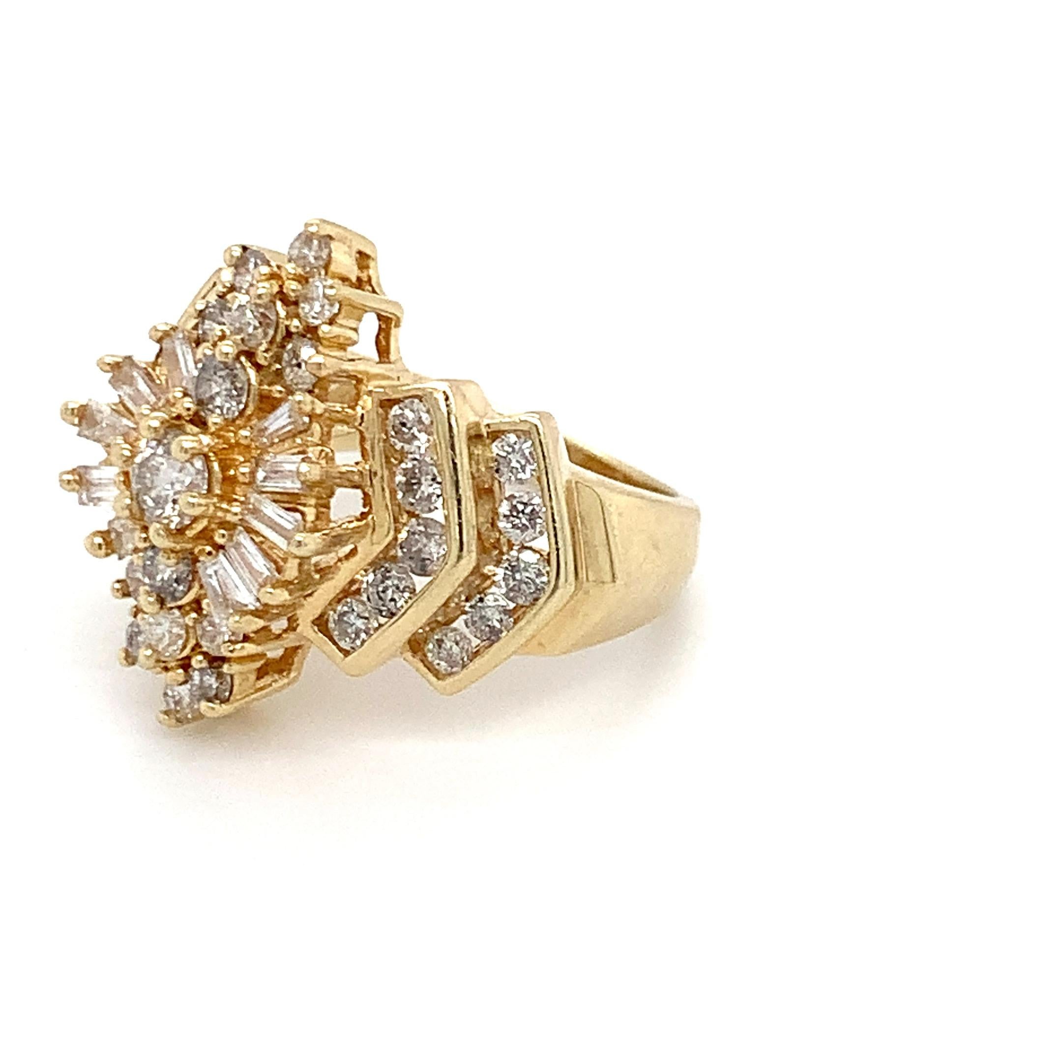 1.48 TCW Diamond Cocktail Ring in 14K Yellow Gold Vintage Baguette & Round Sz 6 For Sale 1