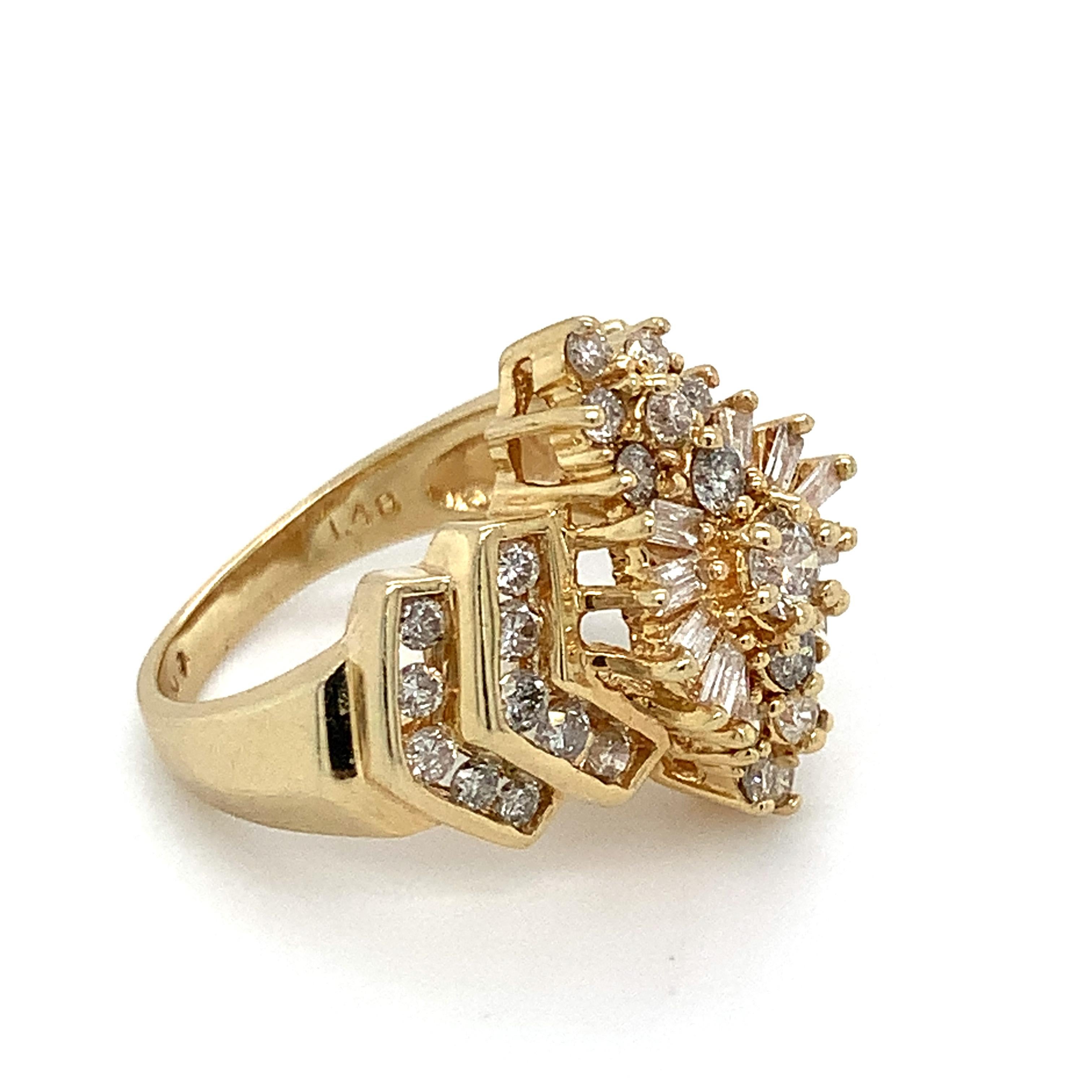 1.48 TCW Diamond Cocktail Ring in 14K Yellow Gold Vintage Baguette & Round Sz 6 For Sale 2