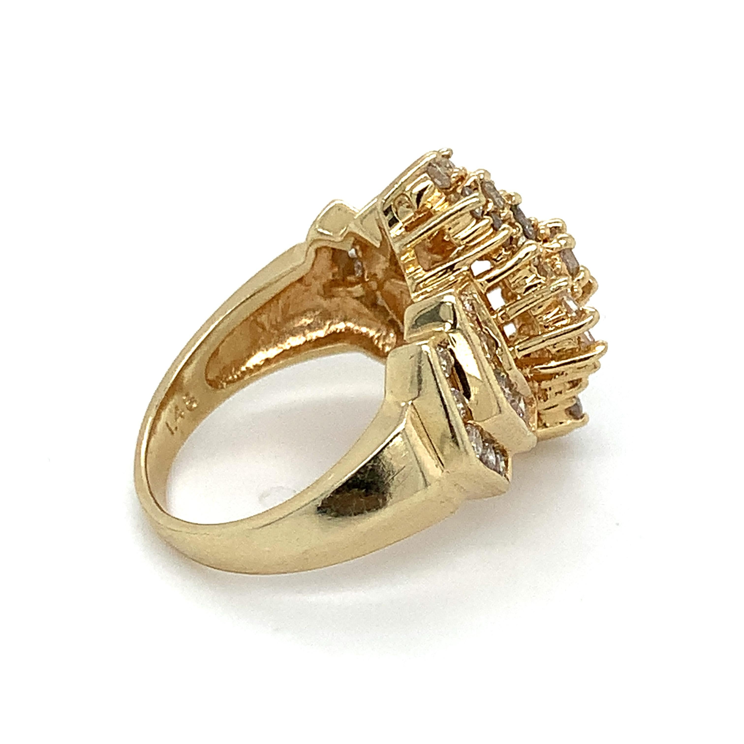1.48 TCW Diamond Cocktail Ring in 14K Yellow Gold Vintage Baguette & Round Sz 6 For Sale 3