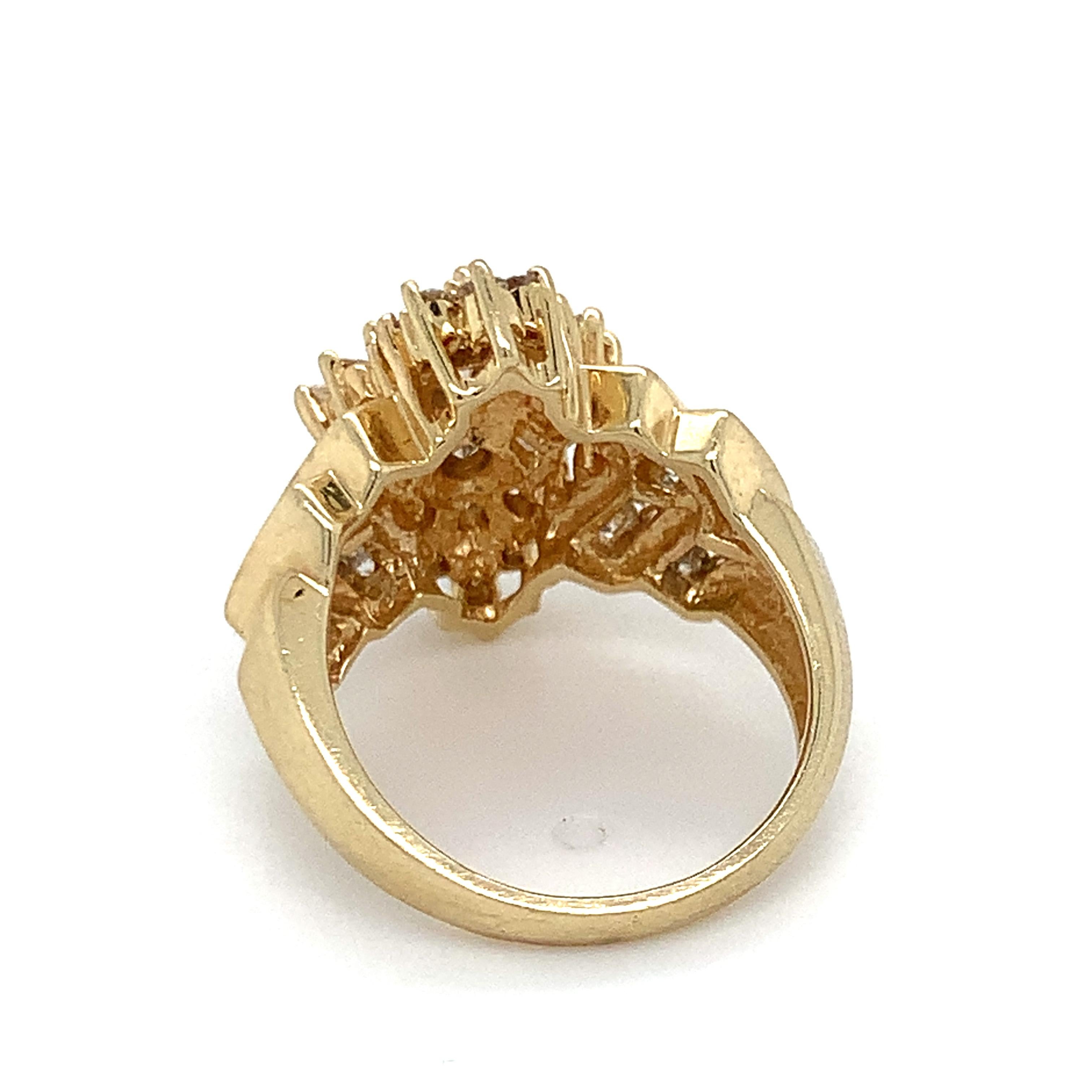 1.48 TCW Diamond Cocktail Ring in 14K Yellow Gold Vintage Baguette & Round Sz 6 For Sale 4