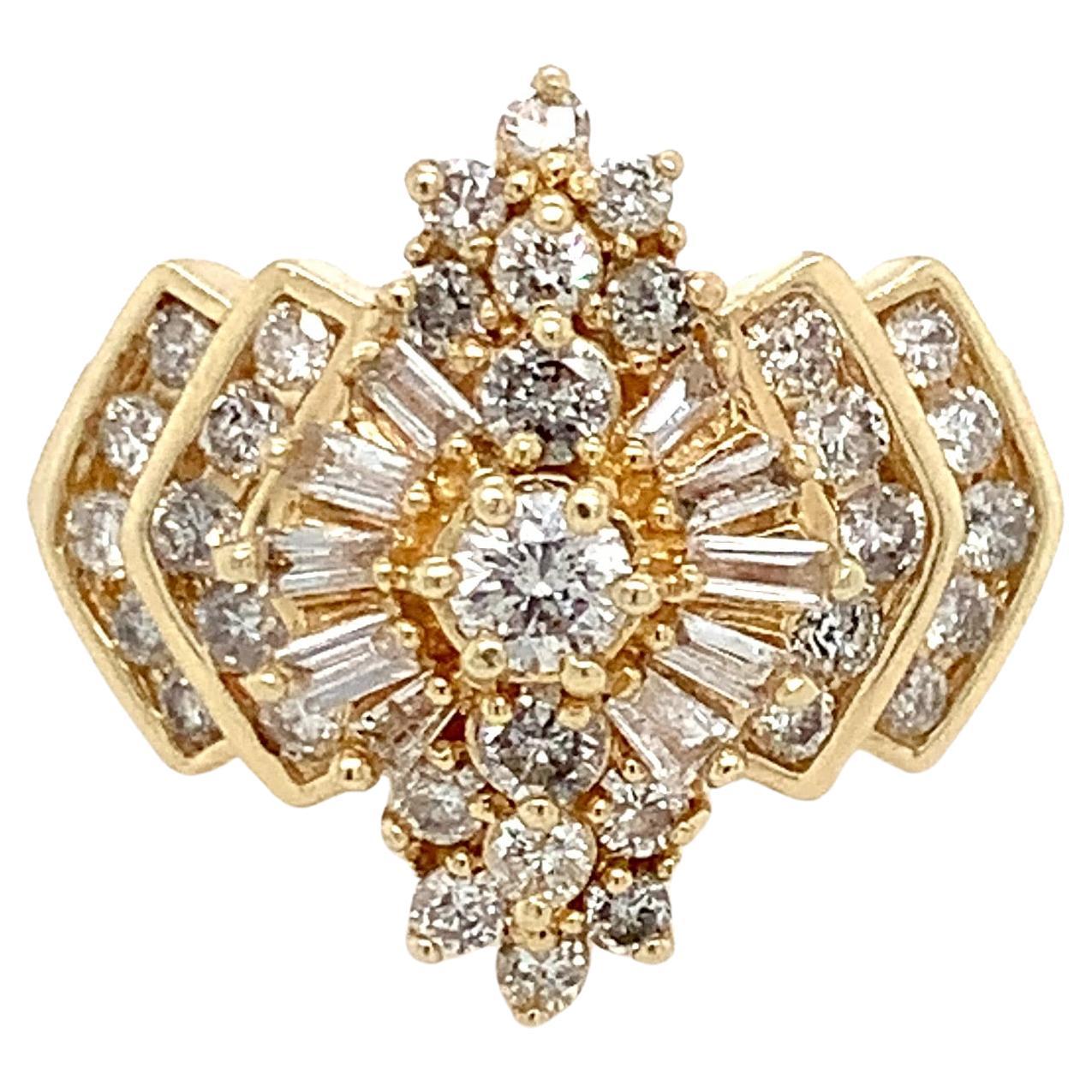 1.48 TCW Diamond Cocktail Ring in 14K Yellow Gold Vintage Baguette & Round Sz 6 For Sale