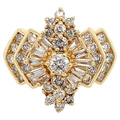 1.48 TCW Diamond Cocktail Ring in 14K Yellow Gold Retro Baguette & Round Sz 6