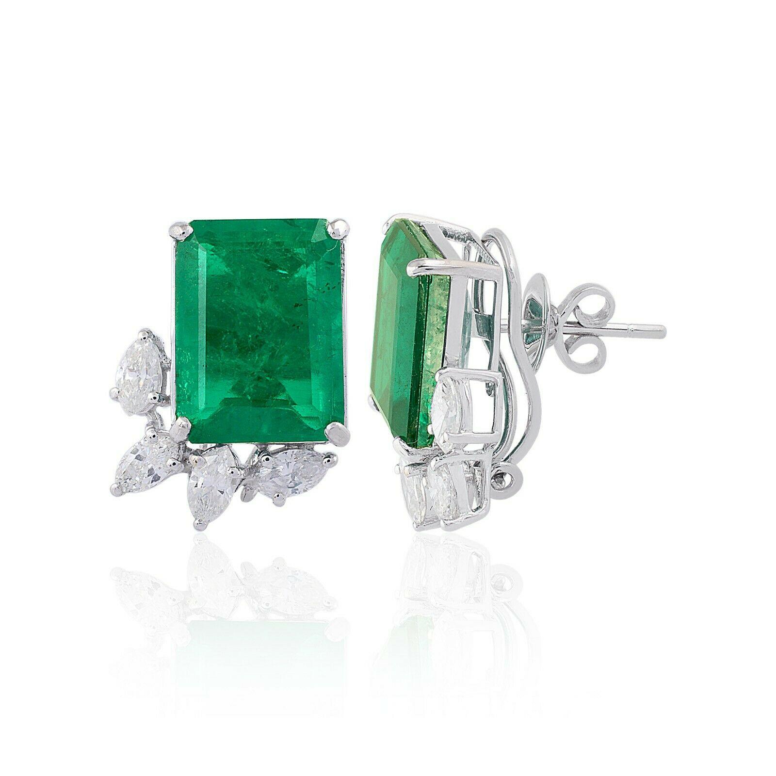 Contemporary 14.80 Carat Carat Zambian Emerald Diamond 14 Karat Gold Stud Earrings