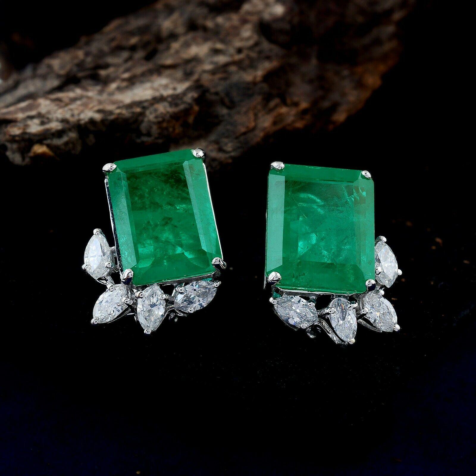 Emerald Cut 14.80 Carat Carat Zambian Emerald Diamond 14 Karat Gold Stud Earrings