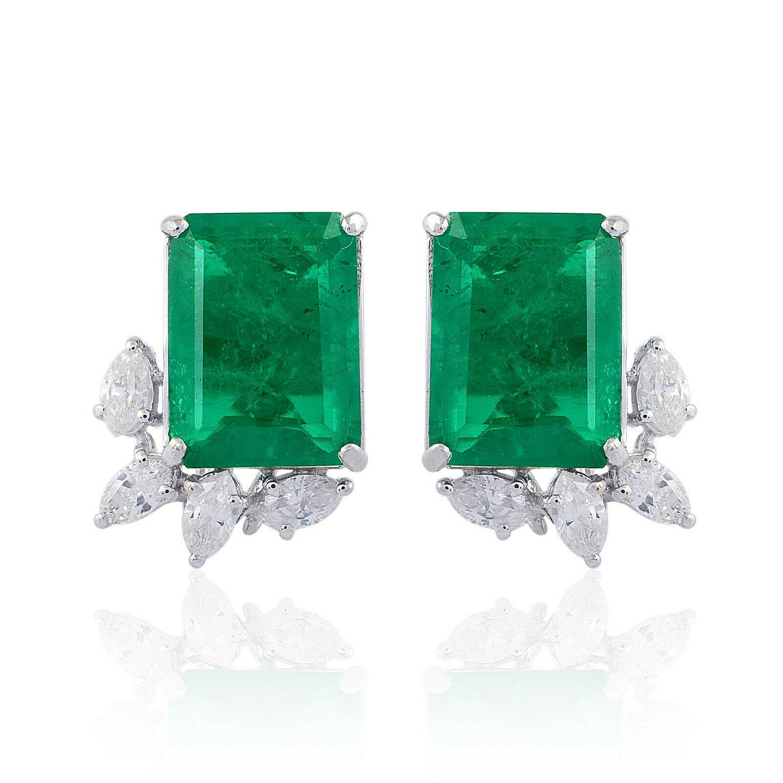 14.80 Carat Carat Zambian Emerald Diamond 14 Karat Gold Stud Earrings In New Condition In Hoffman Estate, IL