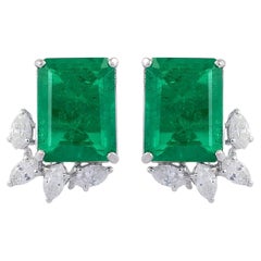 14.80 Carat Zambian Emerald Diamond 14 Karat Gold Stud Earrings