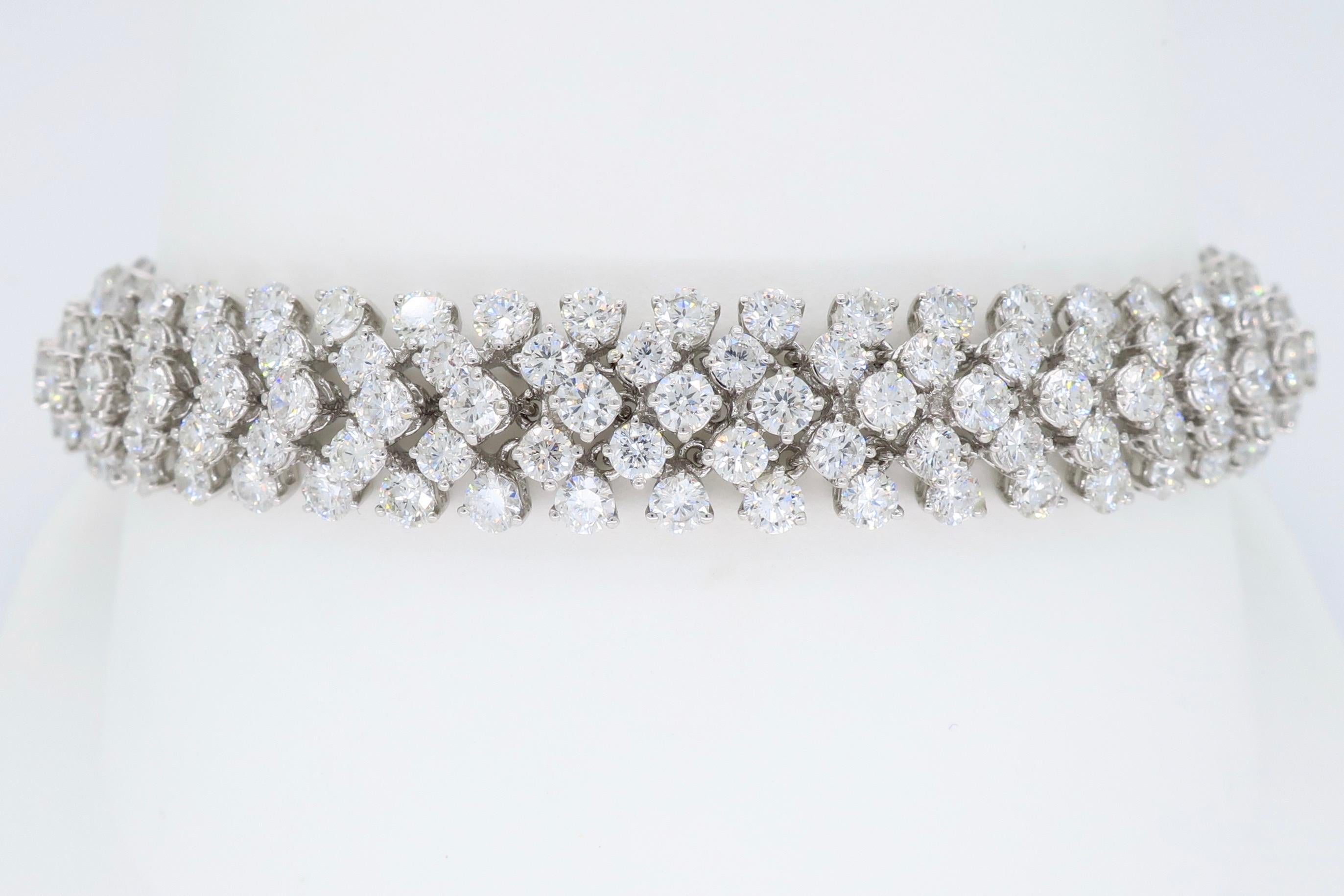 This glamorous bracelet features approximately 14.61CTW of Round Brilliant Cut Diamonds.

Diamond Carat Weight: Approximately 14.61CTW
Diamond Cut: 225 Round Brilliant Cut Diamonds
Color: Average G-I
Clarity: Average VS-SI
Metal: 18K White