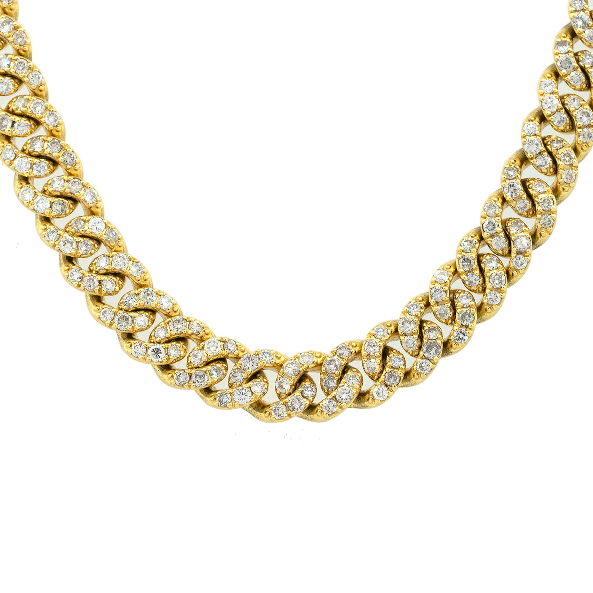 Material: 10k yellow Gold
Diamond Details: Approx. 14.80ctw of round cut diamonds. Diamonds are G/H in color and VS in clarity
Measurements: Necklace measures 22″ in length.
Fastening: Tongue in box clasp with safety latch
Item Weight: 78.5g